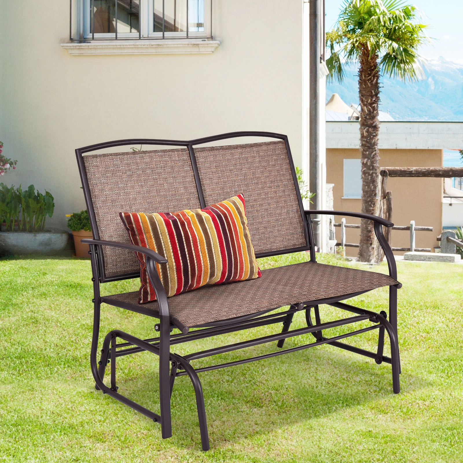 SUGIFT Steel Patio Rocking Loveseat with Textilene Seat 396-lb Capacity Black/Brown/Gray