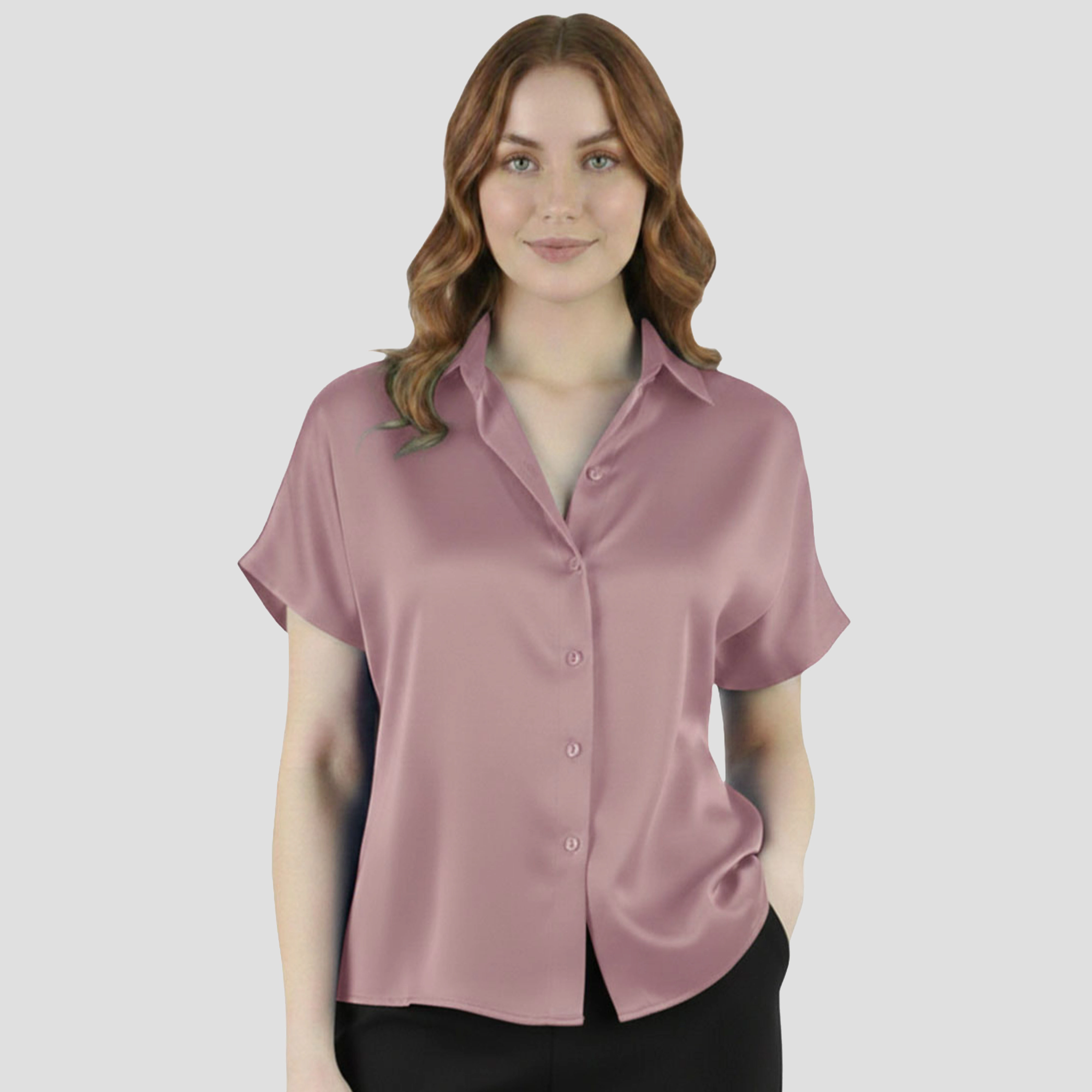 Artyska Women’s Satin Short Sleeve Button-Down Shirt – Relaxed Fit Collared Blouse