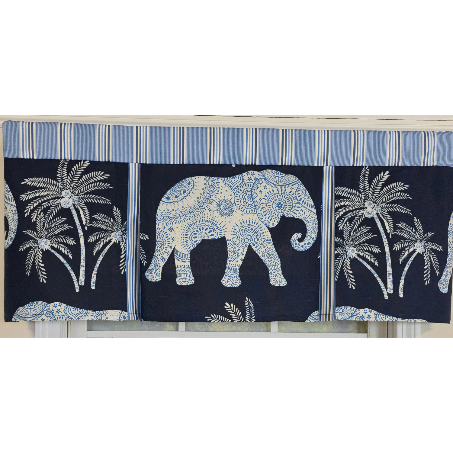 RLF Home 100% Cotton White Elephant Pleated  Unlined Windows Rod Pocket Valance 50" x 17"  Blue