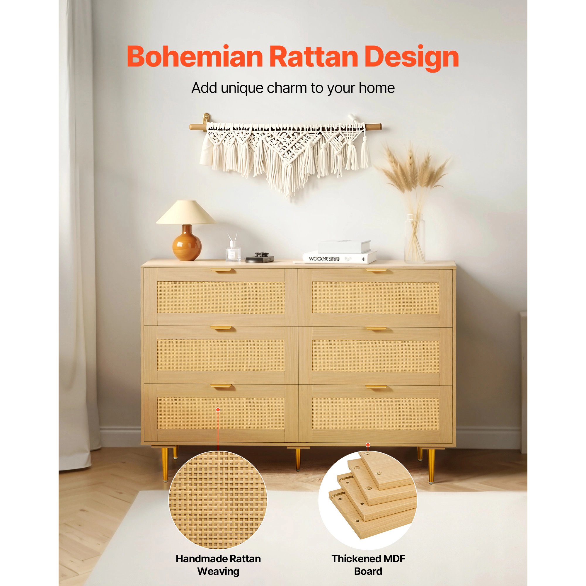 HONGGE 6 Drawer Rattan Dresser, Double Dresser for Bedroom, Natural Rattan Chest of Drawer with Metal Handle