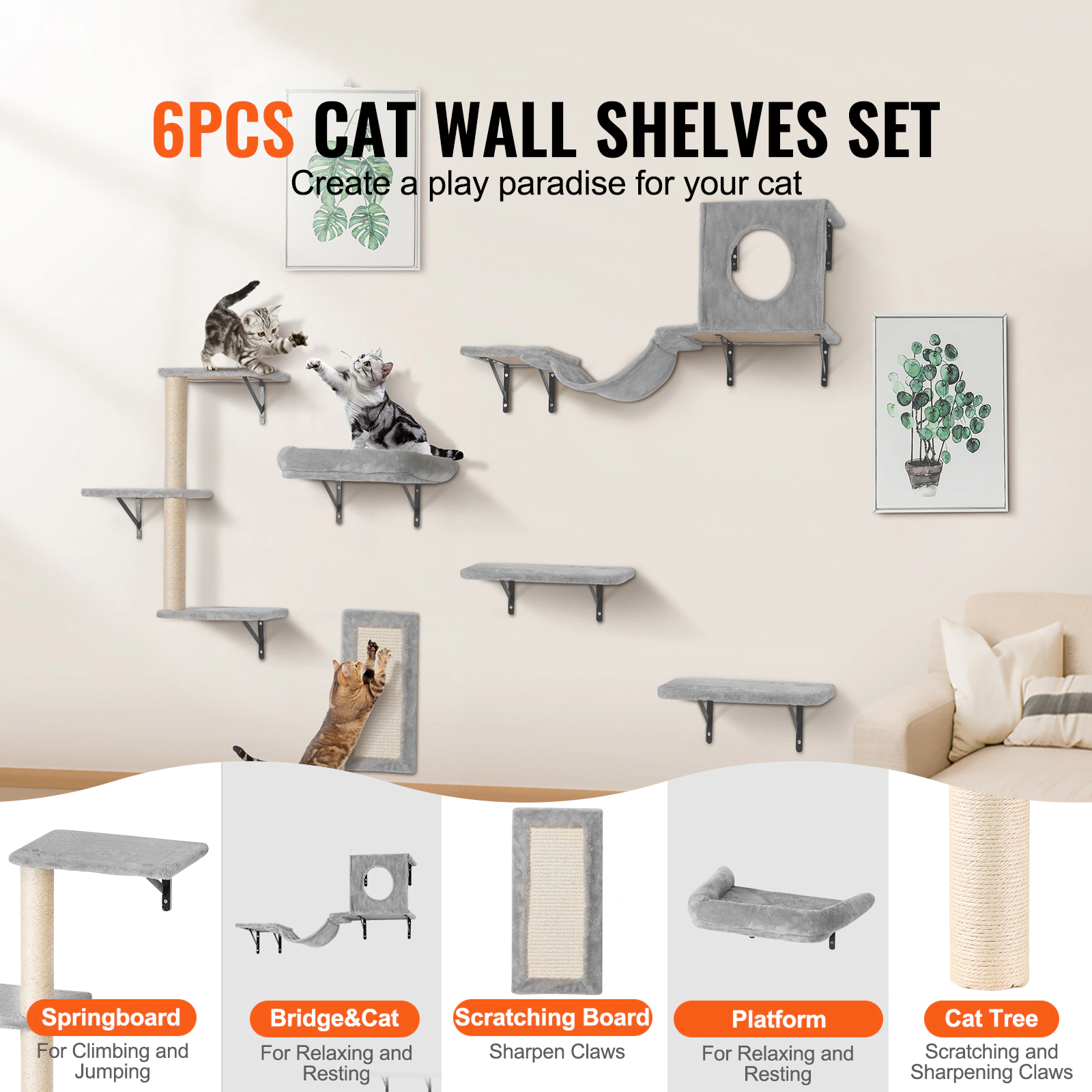 HONGGE Wall Mounted Cat Shelves, Shelves and Perches with Jumping Boards, Tree