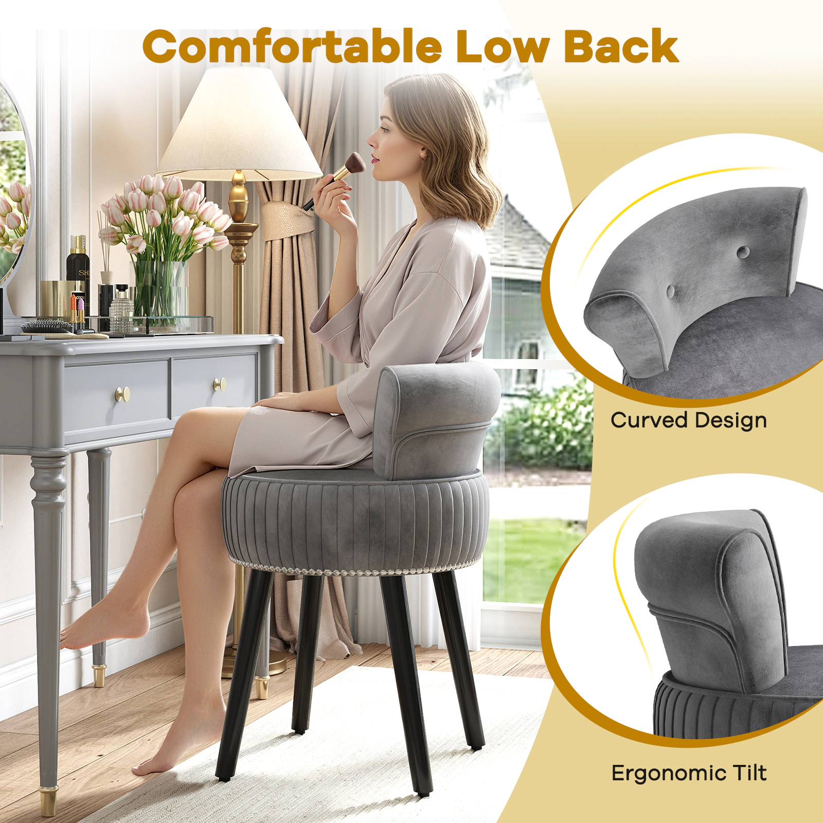Hivvago Velvet Vanity Chair With Back Upholstered Stool Tufted Low And Solid Wood Legs