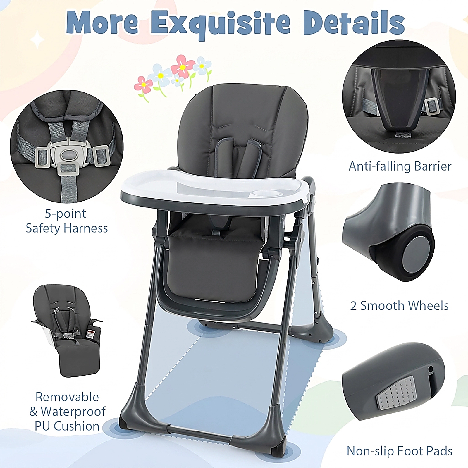 SUGIFT 3-in-1 Convertible Baby High Chair with 7 Heights and Double Food Tray 33-lb Capacity Ages 6-36 Months Dark Gray