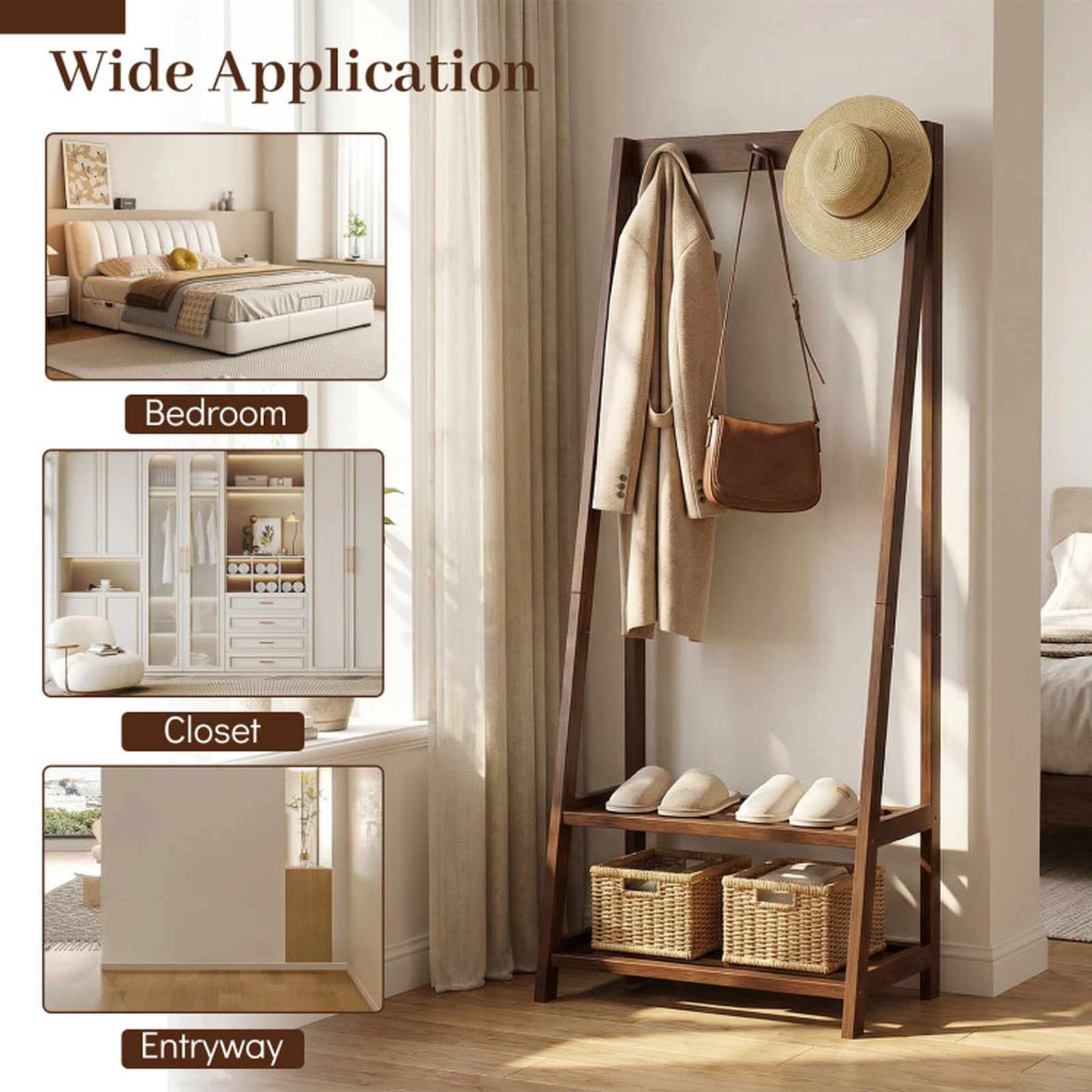 SUGIFT Walnut 55-in Tall Freestanding Solid Rubber Wood Clothes Rack with 3 Hooks and 2 Storage Shelves