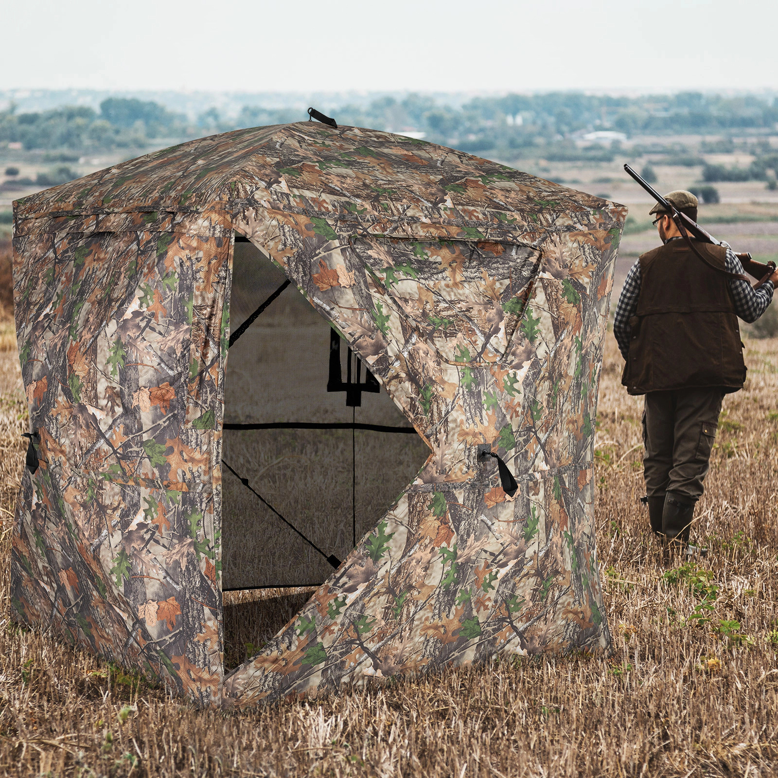 SUGIFT Camouflage 270-Degree See-Through Hunting Blind Tent with Silent Magnetic Door and Carrying Bag