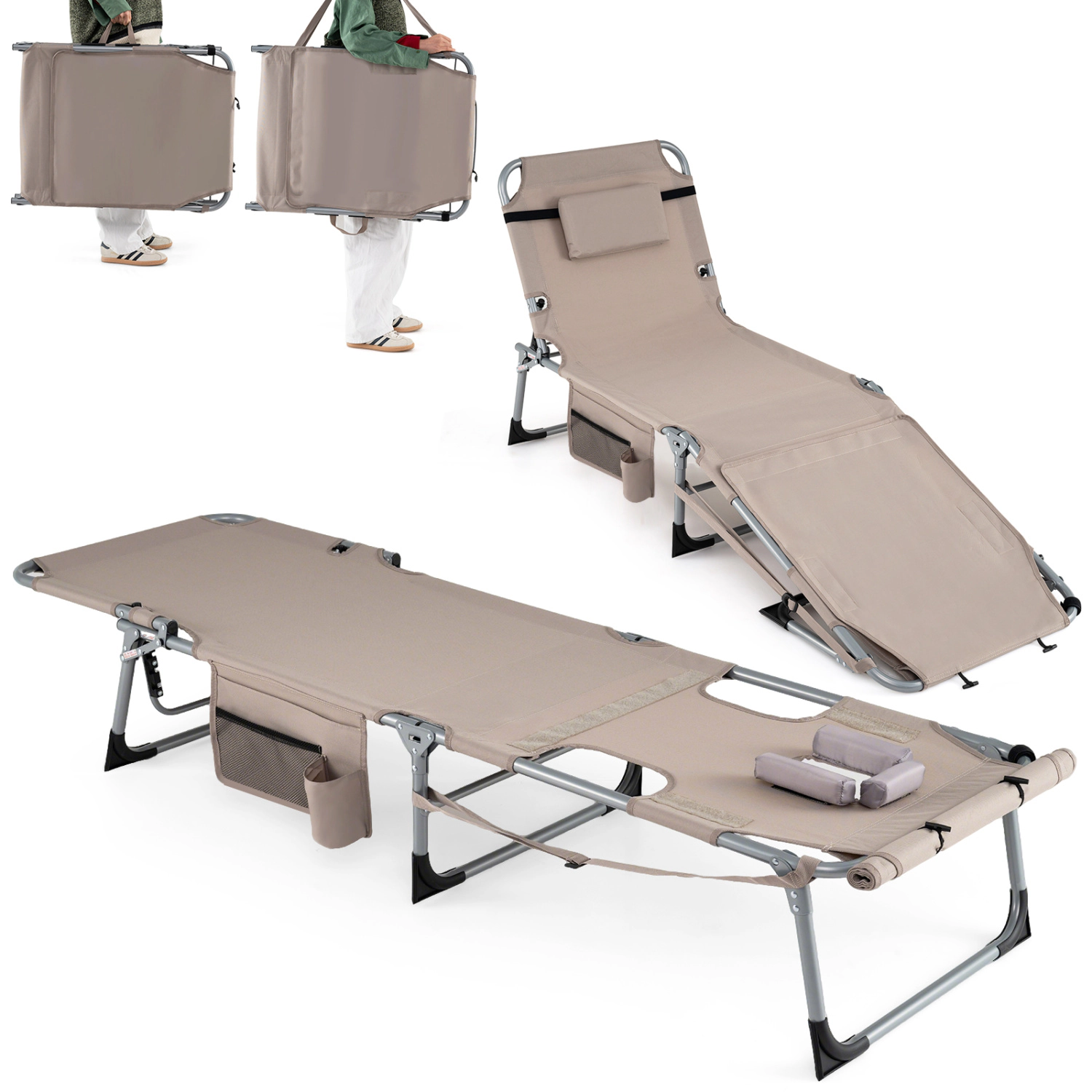 LJG Set of 2 Tanning Chairs with Face Arm Holes Portable 4-Level Backrest