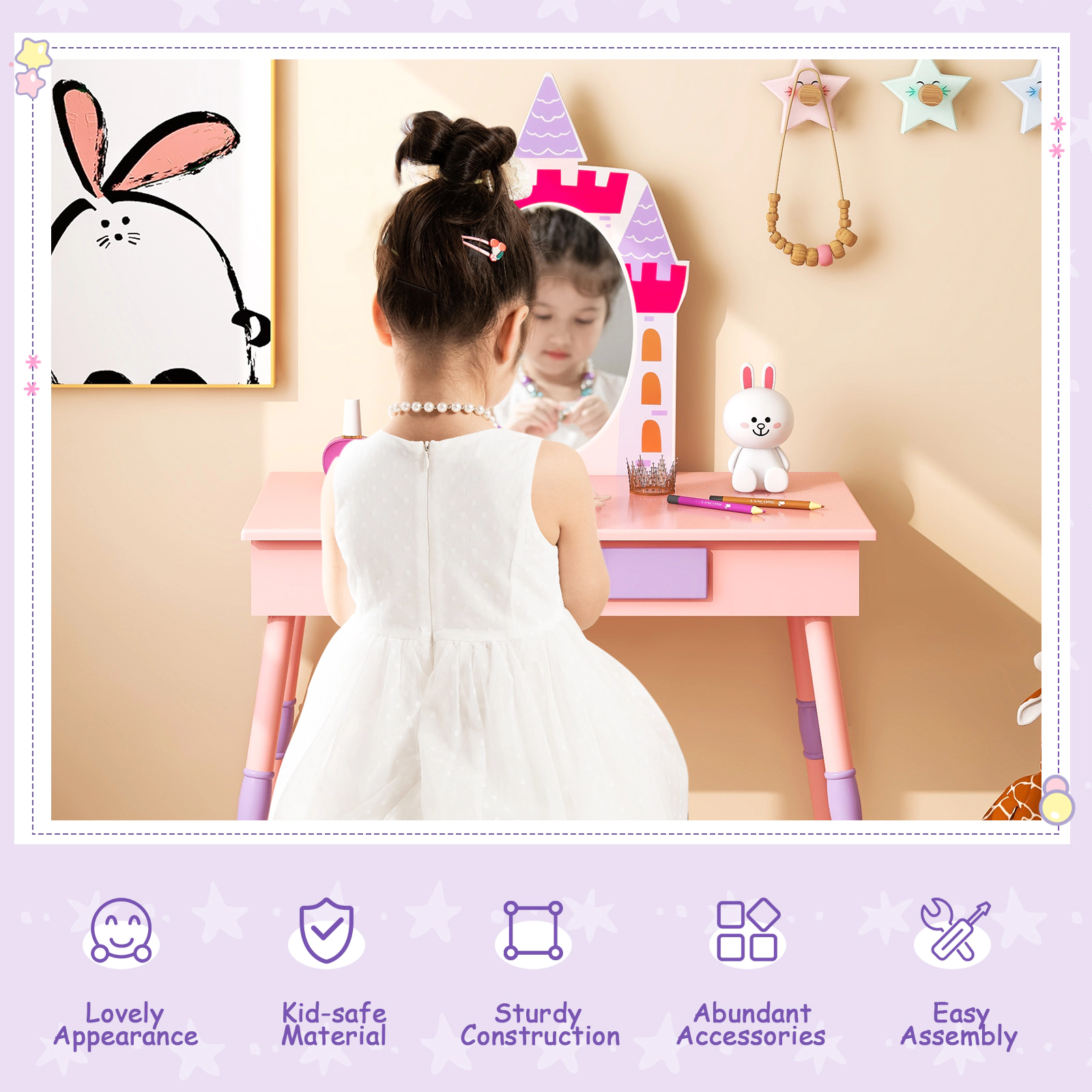 SUGIFT Kids Vanity Table and Stool Set with Mirror and Drawer in Pink
