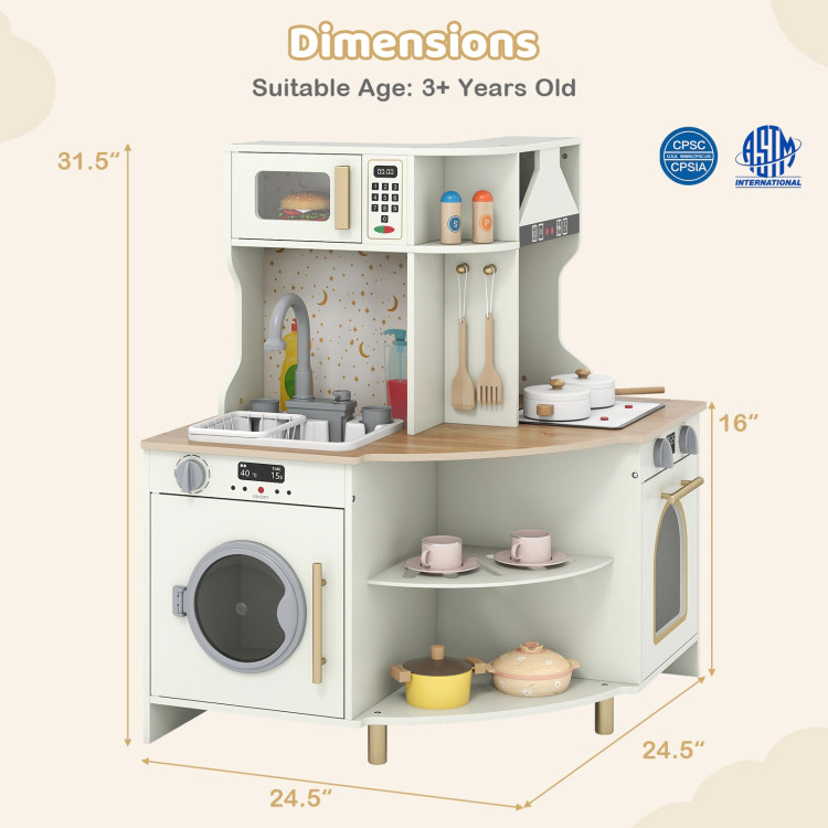 Hivvago Kids Play Kitchen Wooden Corner Kitchen Playset with Working Faucet and Sink