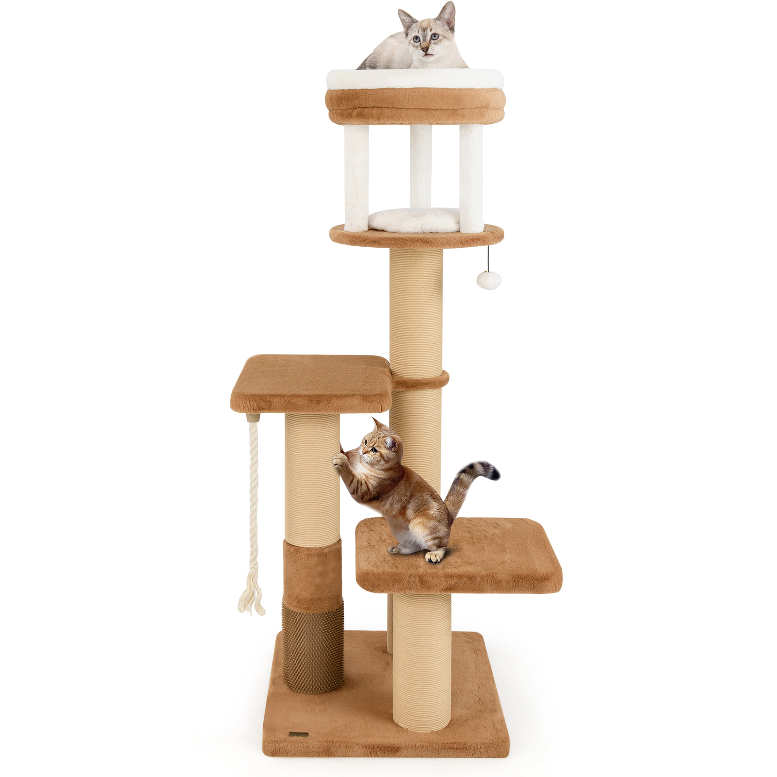 SUGIFT 65-in Tall Cat Tree with Self-groomer and Removable Cat Bed 33-lb Capacity Caramel and White