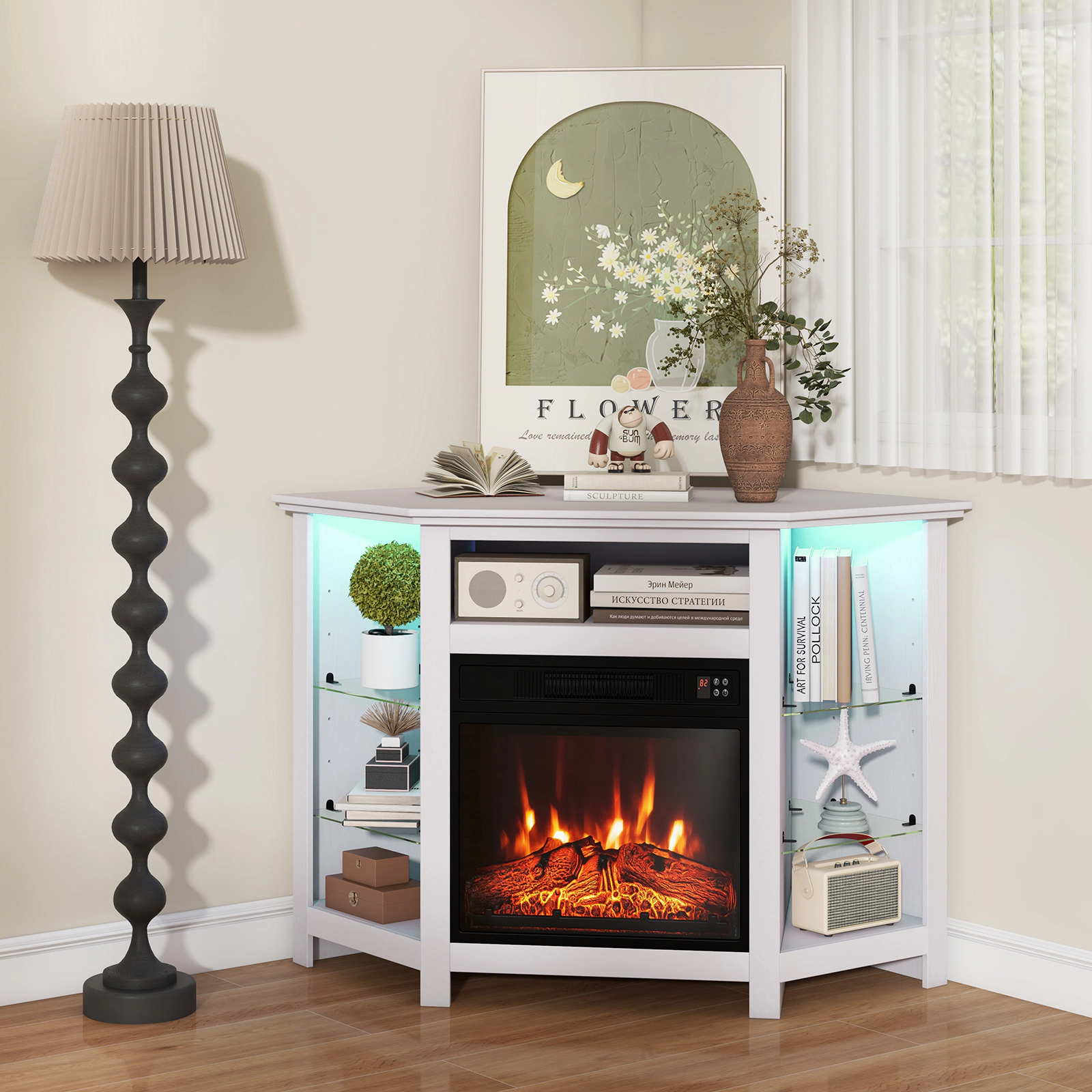 Hivvago Fireplace Corner TV Stand with LED Lights and Smart APP Control for 50 Inches TV