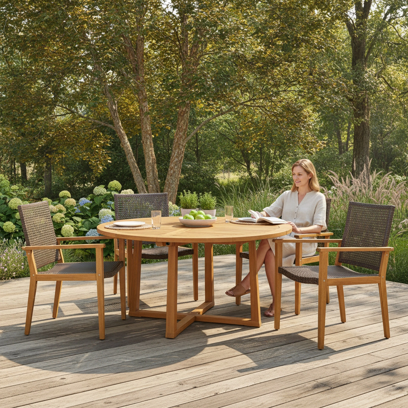 SUGIFT Set of 4 Outdoor Rattan Dining Chairs, Acacia Wood Frame, Metal X-Brace, Adjustable Footpads