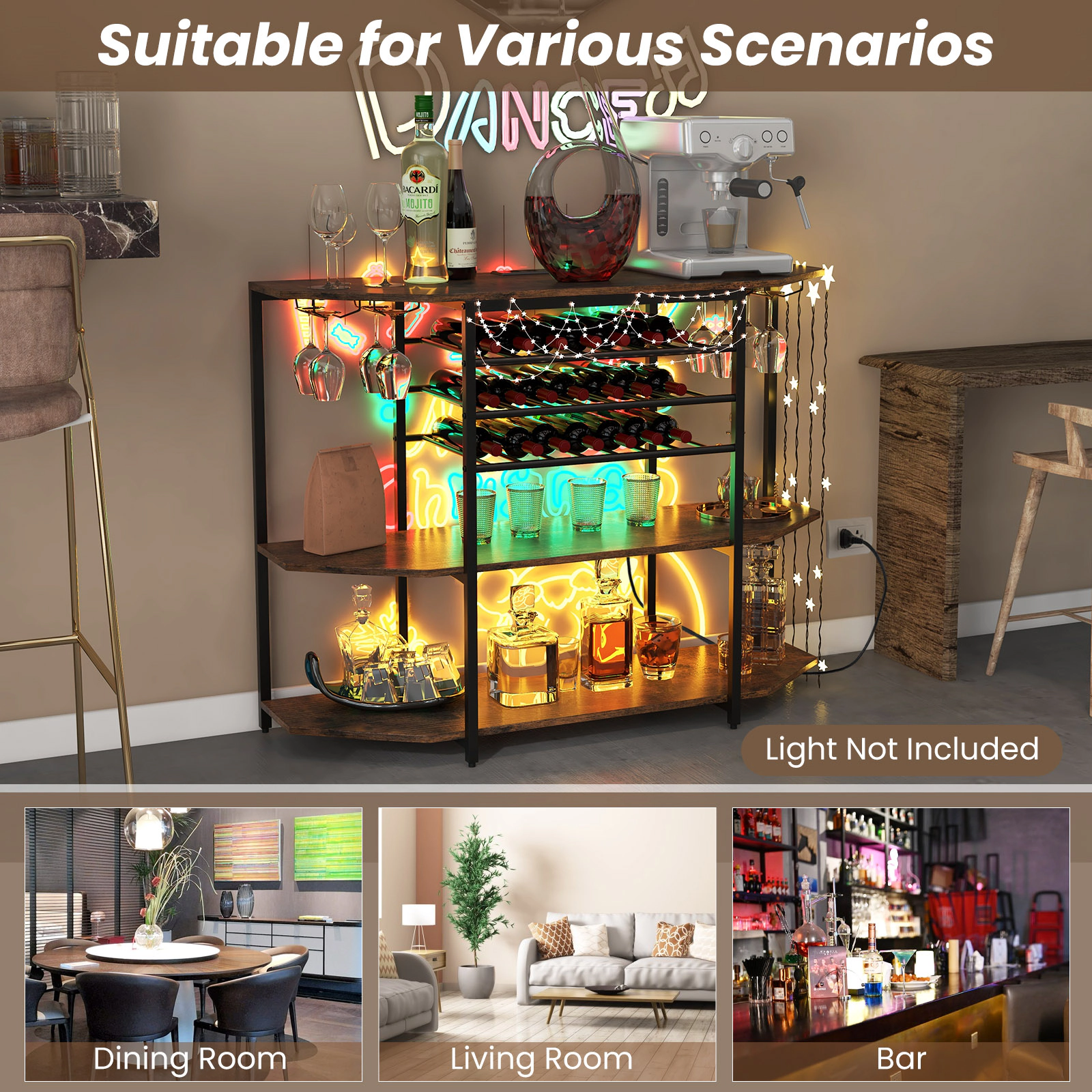 Hivvago 3-Tier Wine Bar Cabinet with Storage Shelves