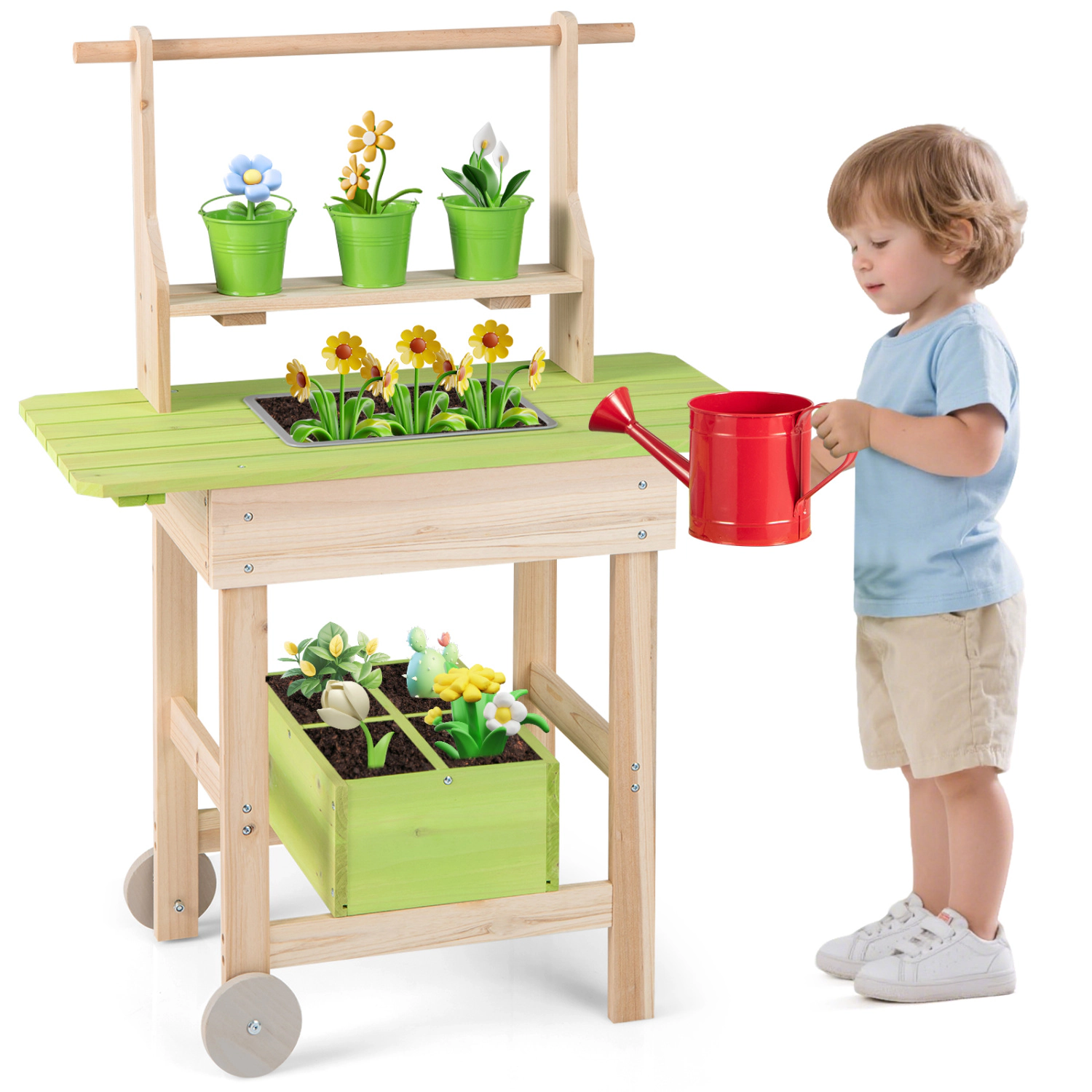 LJG Kids Mud Kitchen with Removable Pots Watering Can Planting Trough and Storage Box
