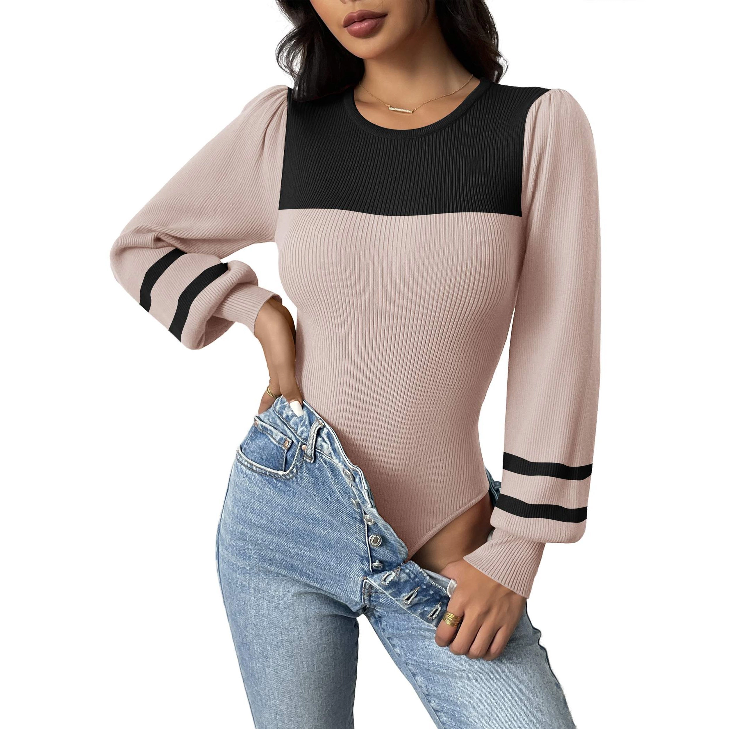 Zeagoo Women's Long Puff Sleeve Crewneck Ribbed Knit Slim Fit Bodysuit