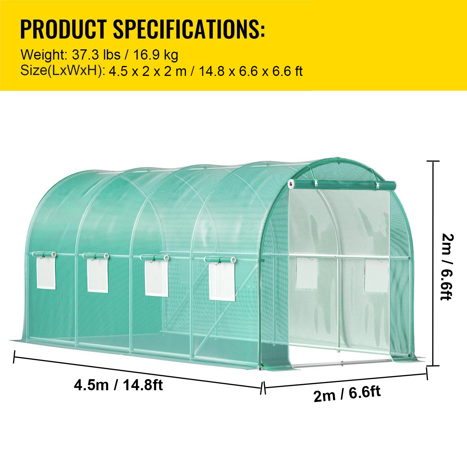 HONGGE Walk-In Tunnel Greenhouse, 15 x 7 x 7 ft, Galvanized Steel Hoop House with 8 Mesh Windows, Green