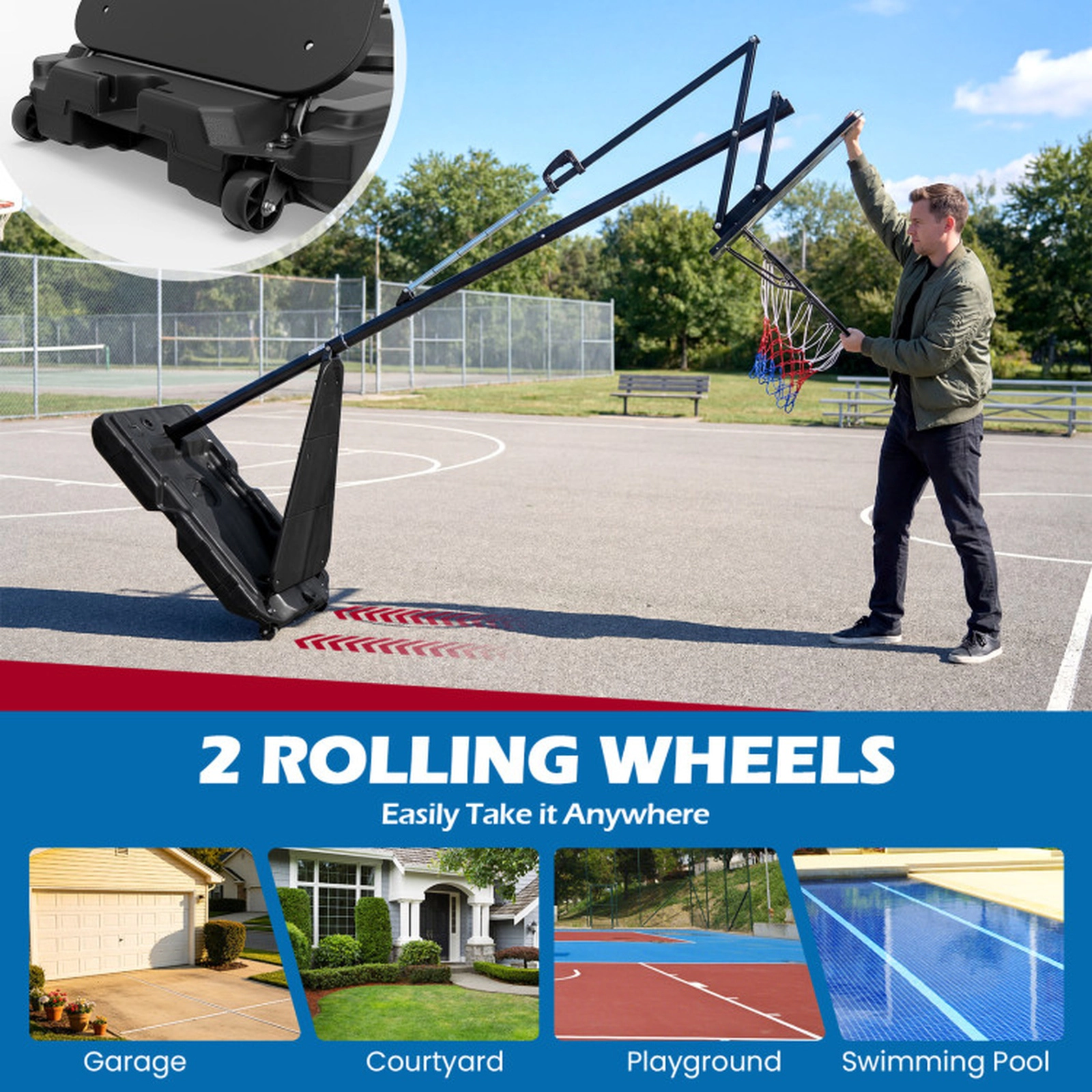 SUGIFT 4.9-10 ft Adjustable Basketball Hoop System with 43 x 27 in Backboard Fillable Base and Ball Storage Black