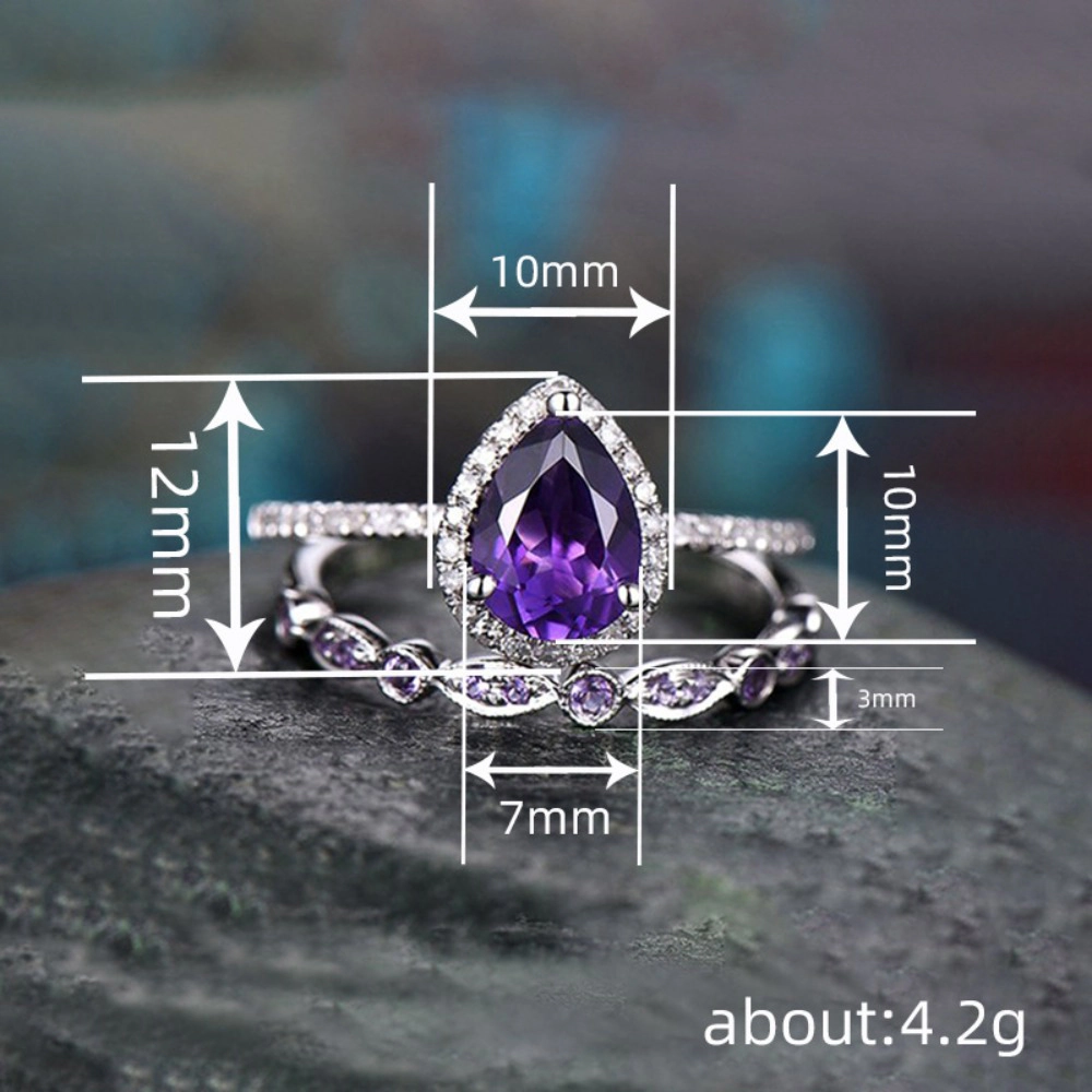 2-Piece Women's Ring Set with Pear-Cut Purple Cubic Zirconia