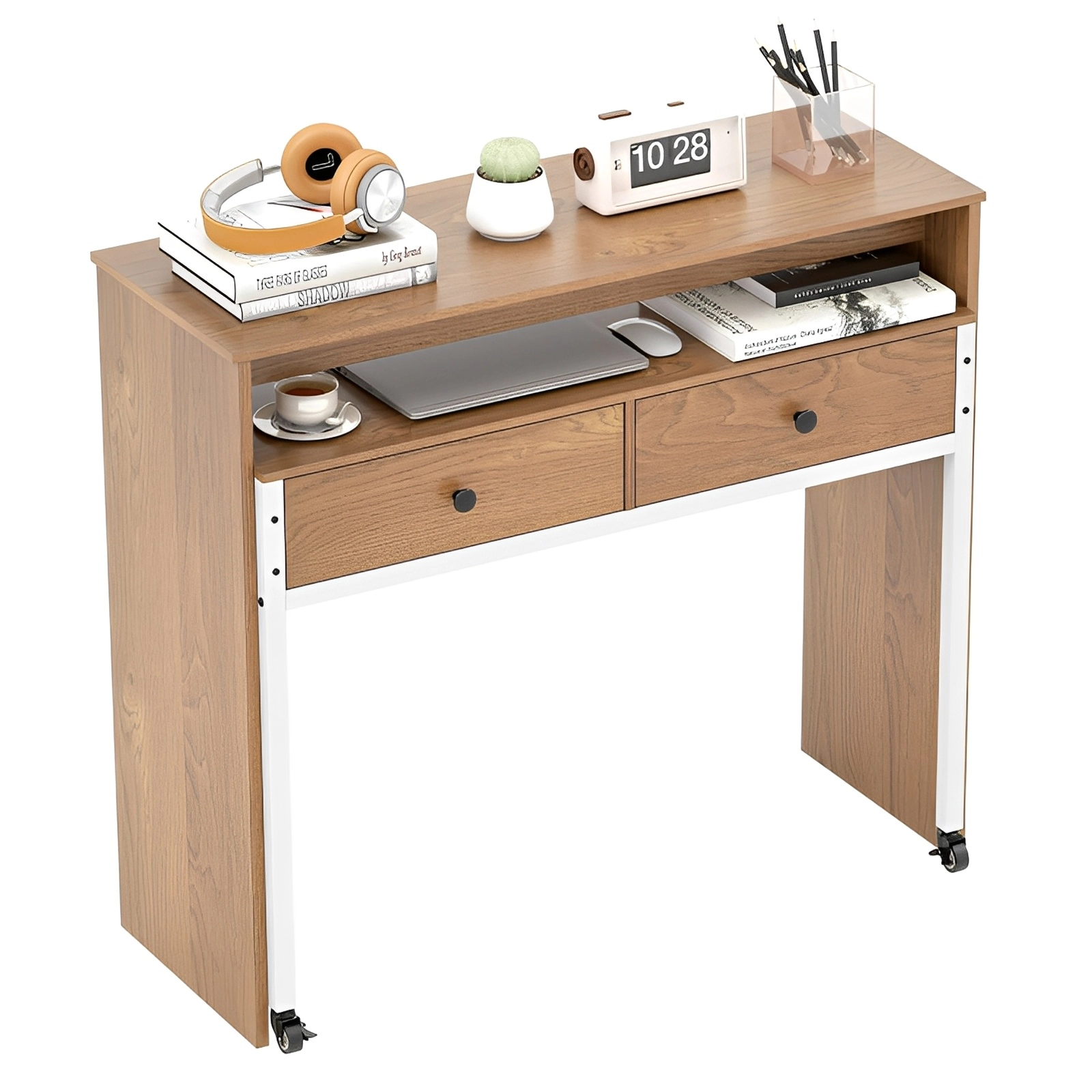 SUGIFT Extendable Computer Desk with Pull Out Secondary Desk 33-lb Tabletop 110-lb Shelf Capacity Natural 2-Drawer