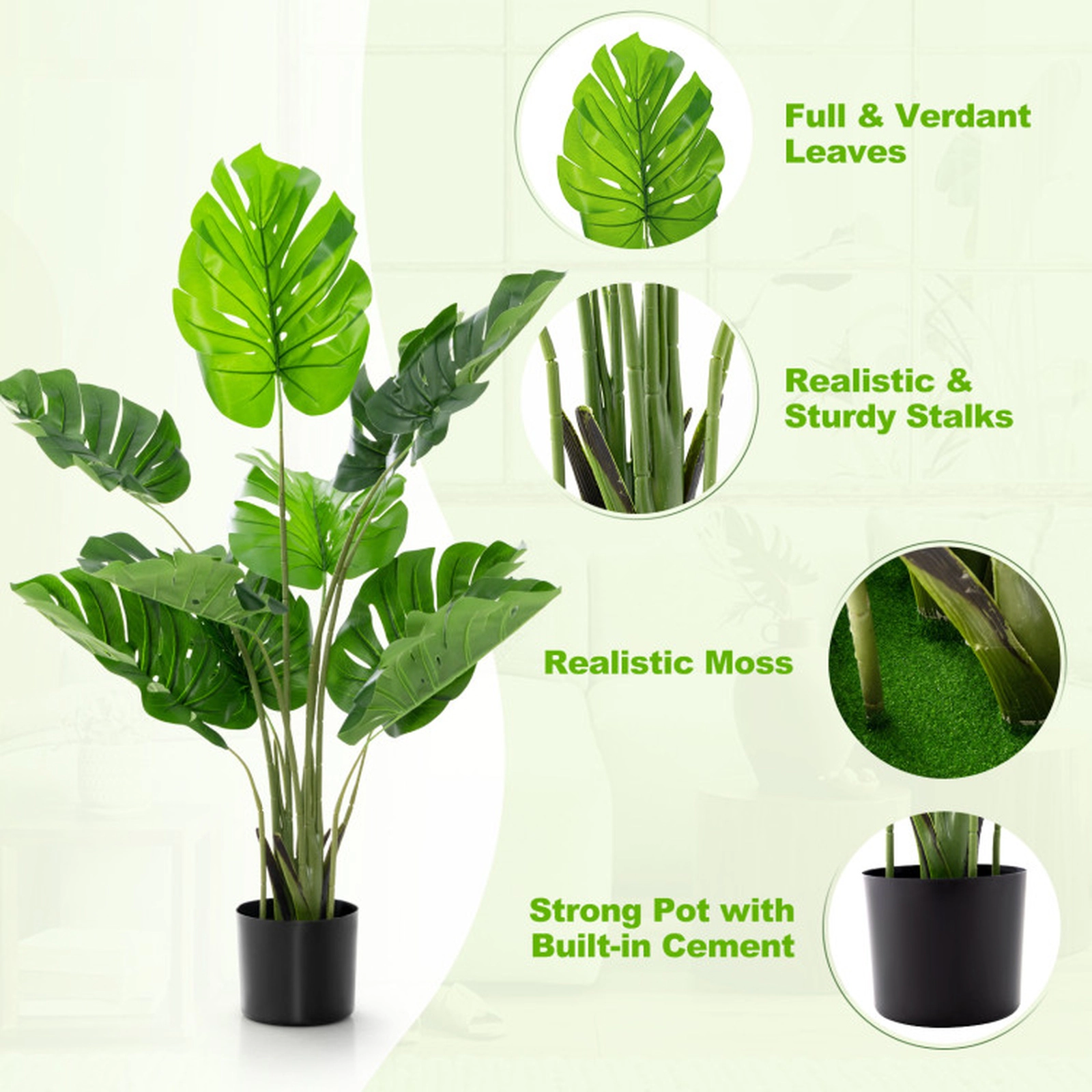 SUGIFT 4-Foot Artificial Monstera Deliciosa Tree with 10 Leaves Green Black