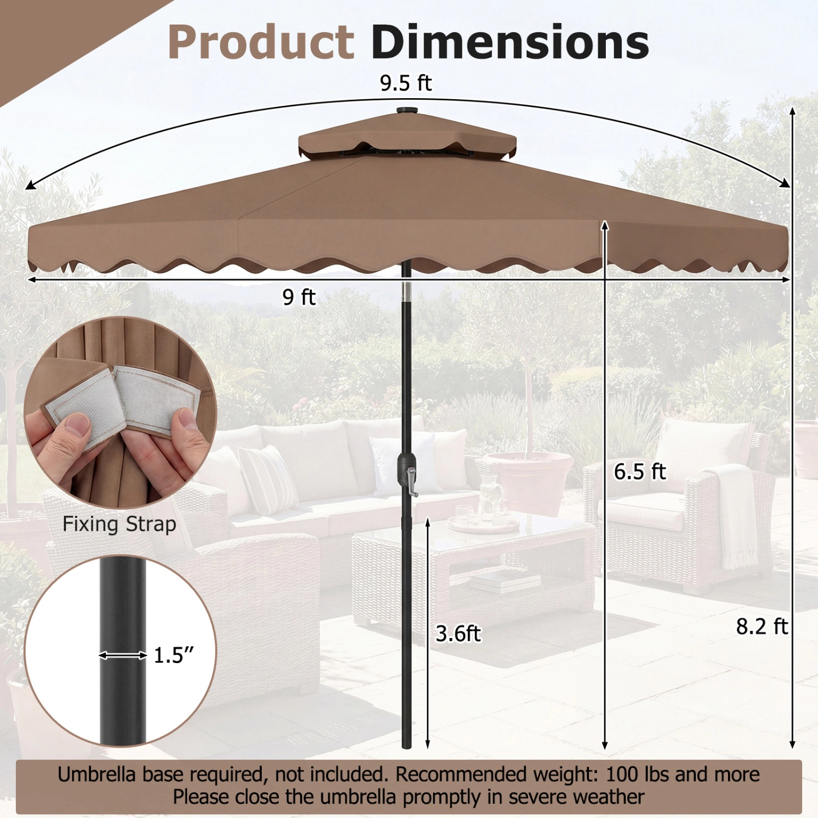 SUGIFT 9.5-ft Brown Solar Patio Umbrella with 24 LED Lights 8 Ribs Vented Crown and 2-Section Pole