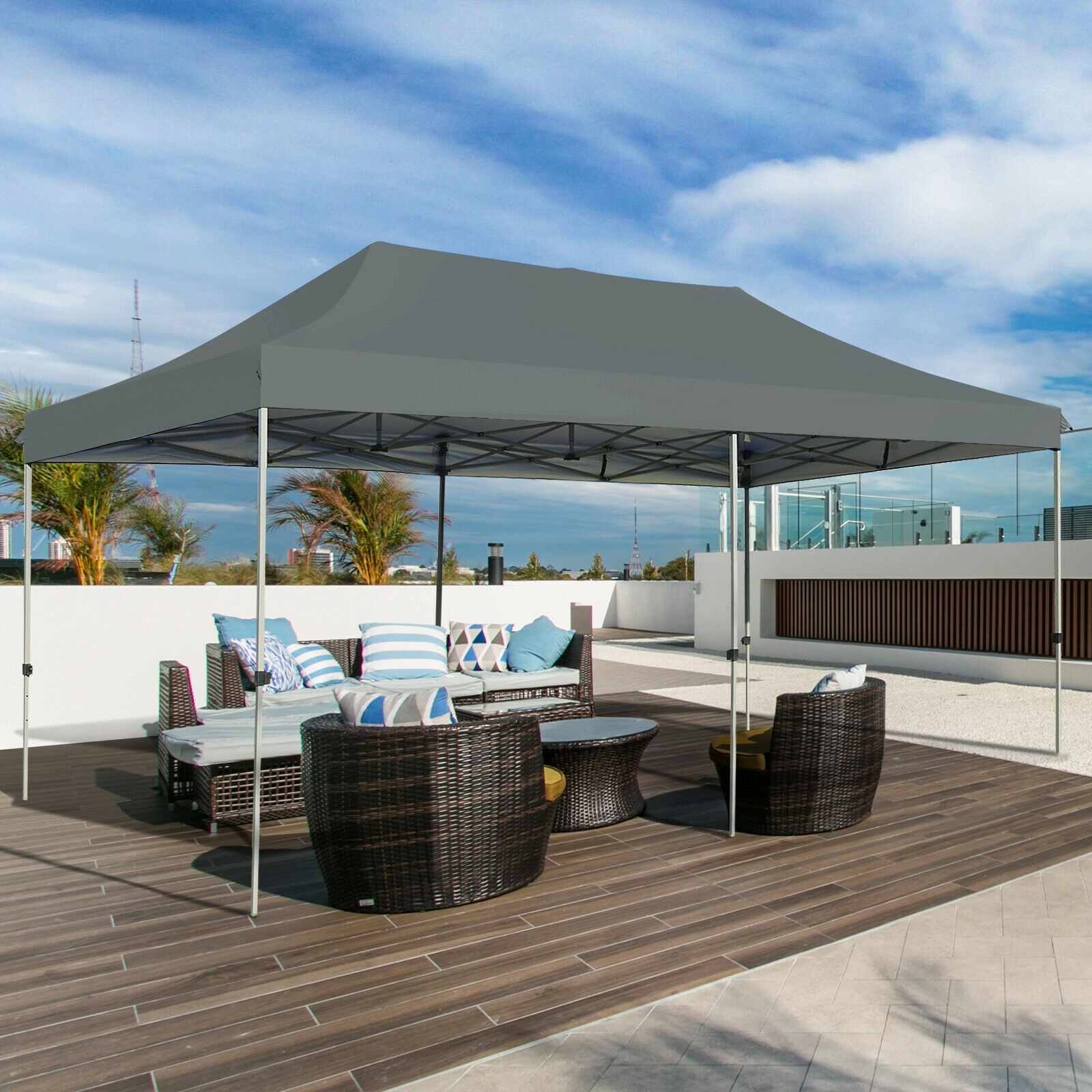 SUGIFT Gray Adjustable Folding Sun Shelter Canopy with Guy Ropes and Ground Spikes 20-ft W 10-ft D 11-ft H