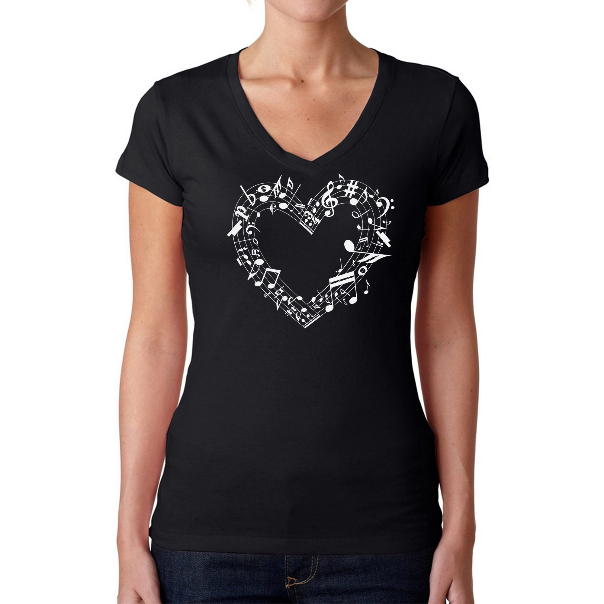 LA Pop Art Womens Word V-Neck T-Shirt - Sheet Music Heart