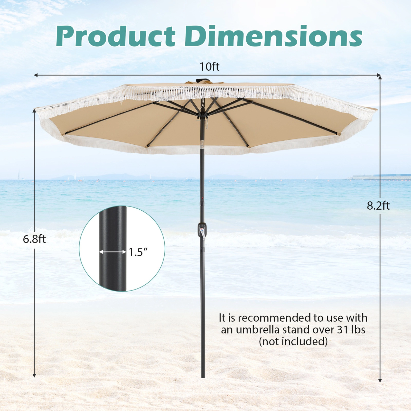 SUGIFT Beige 10 ft Solar Patio Umbrella with 24 LED Lights and 1.5 in Pole