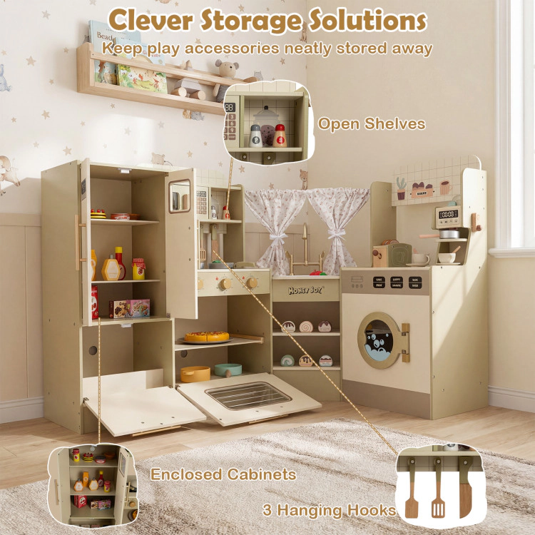 Hivvago Kids Corner Play Kitchen with Faucet and Dishwasher and Stoves