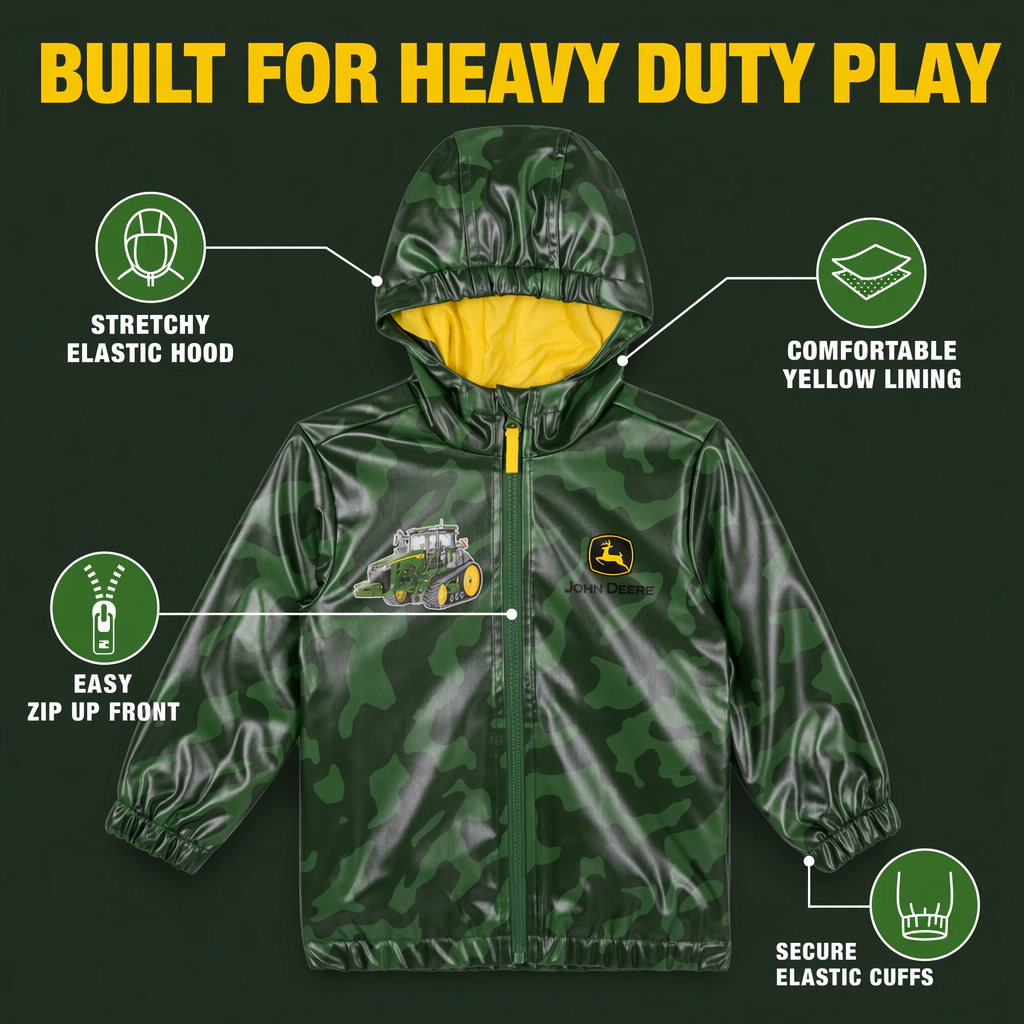 John Deere Boys' Hooded Zip-Up Rain Jacket