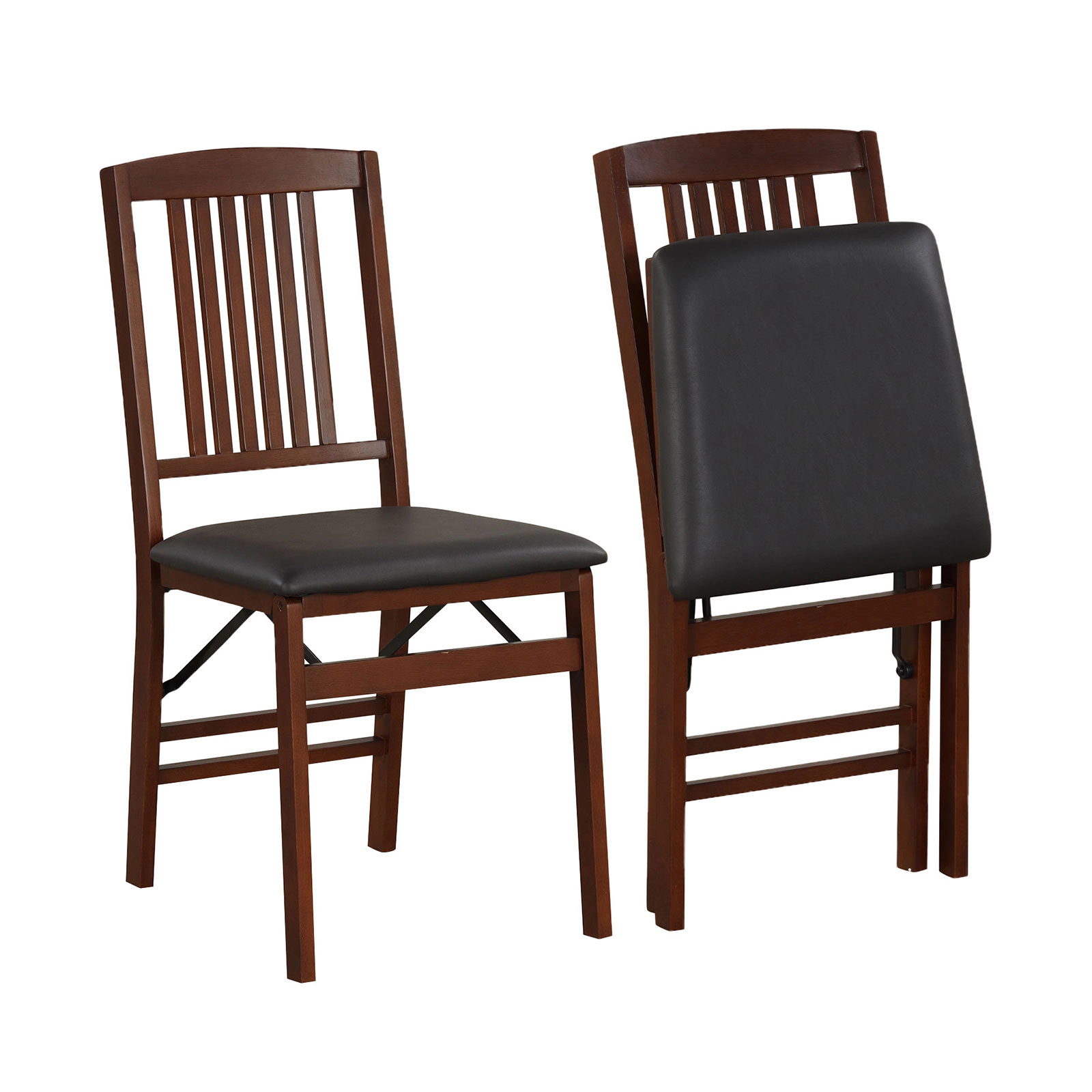 SUGIFT Set of 2 Foldable Upholstered Kitchen Chairs with Padded PVC Seat 420-Lb Capacity Brown + Black