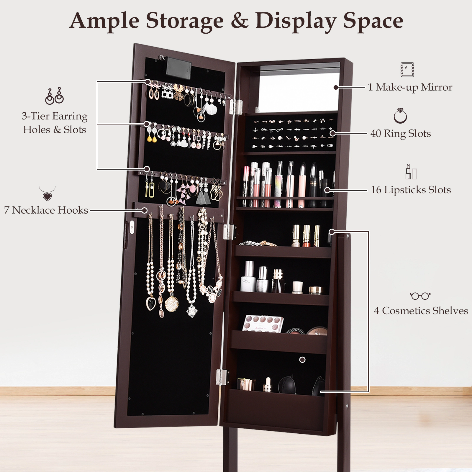 SUGIFT 57-in Freestanding Brown Mirrored Jewelry Cabinet Armoire Organizer with 18 LED Lights and Velvet Liner