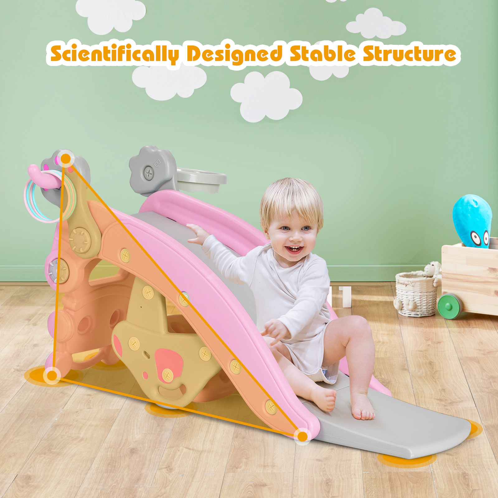 4-in-1 Toddler Slide and Rocking Horse Set Basketball Hoop Ring Toss and Detachable Seat 132-lb Capacity Ages 1-5 Pink
