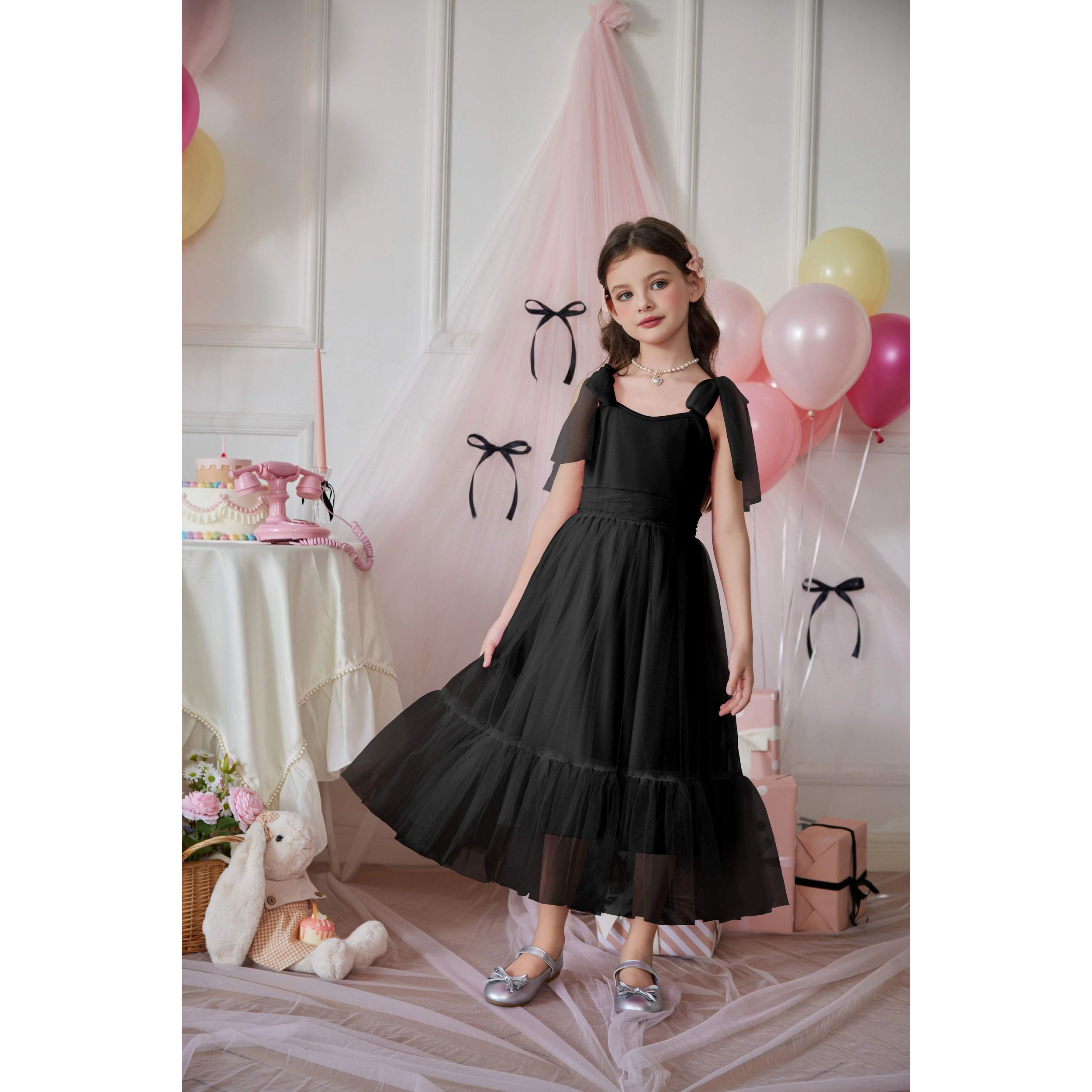 Arshiner Girls Dresses Summer Sleeveless Bowtie Straps Birthday Party Long Tulle Dress