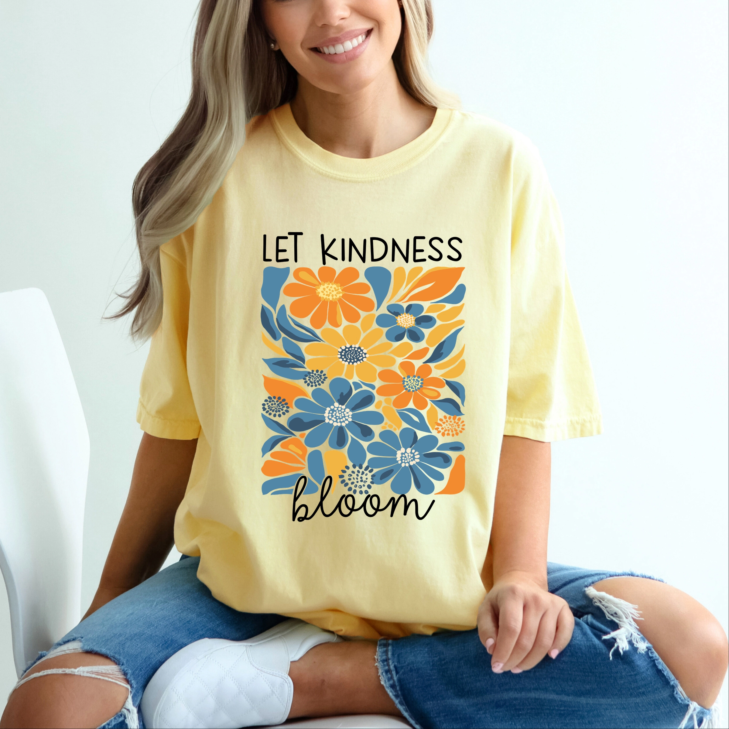 Simply Sage Market - Let Kindness Bloom Blue and Orange Flowers Women's Garment Dyed Graphic T-Shirt