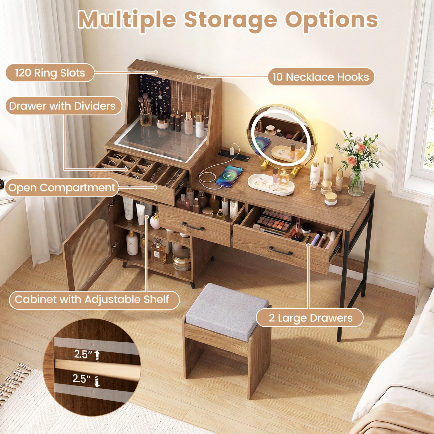 LJG Vanity Desk with Mirror & Lights Ring Slots Necklace Hooks for Makeup