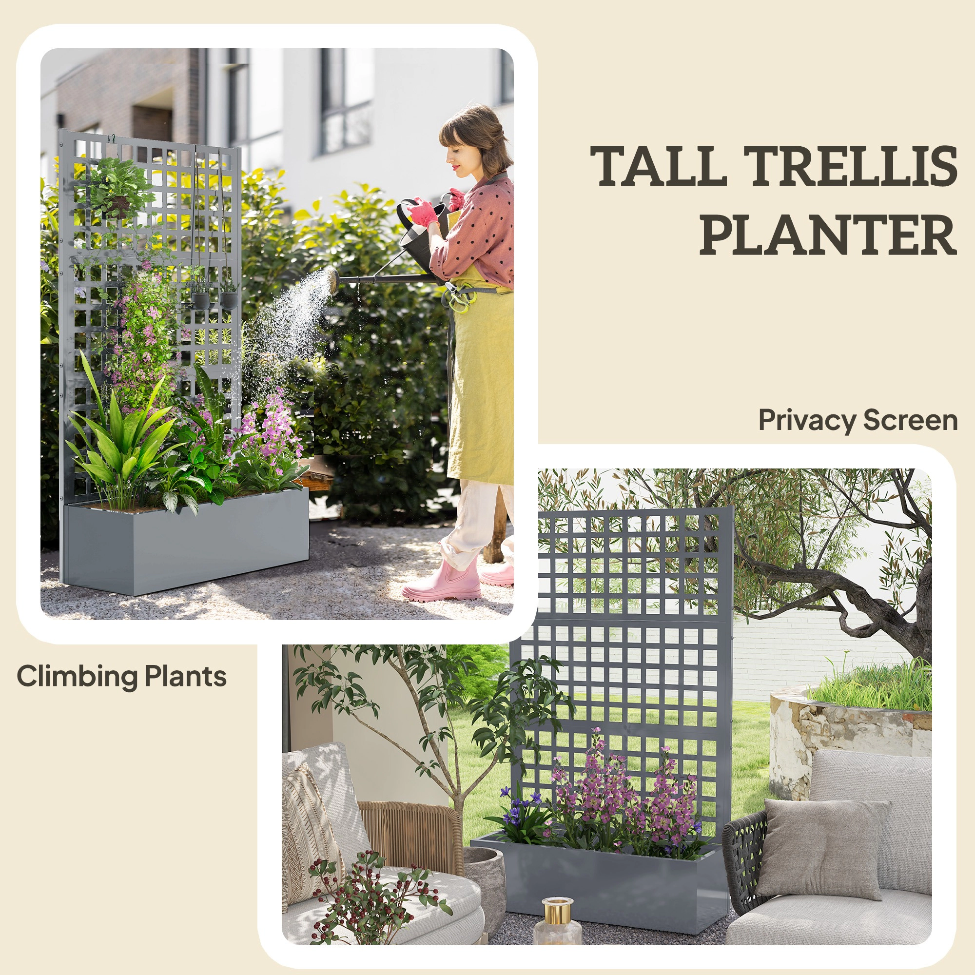 HONGGE Galvanized Raised Garden Bed Planter Box with Trellis for Climbing Plants, Vegetable, Vines