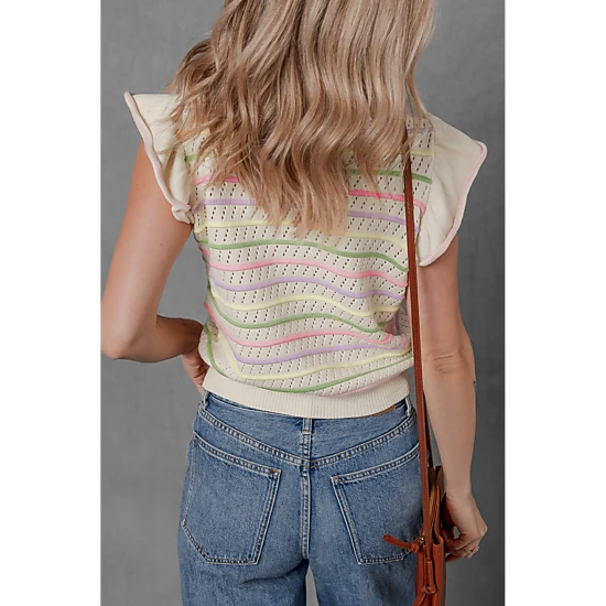 Threaded Pear Women's Annalise Striped Eyelet Ruffled Sleeve Sweater