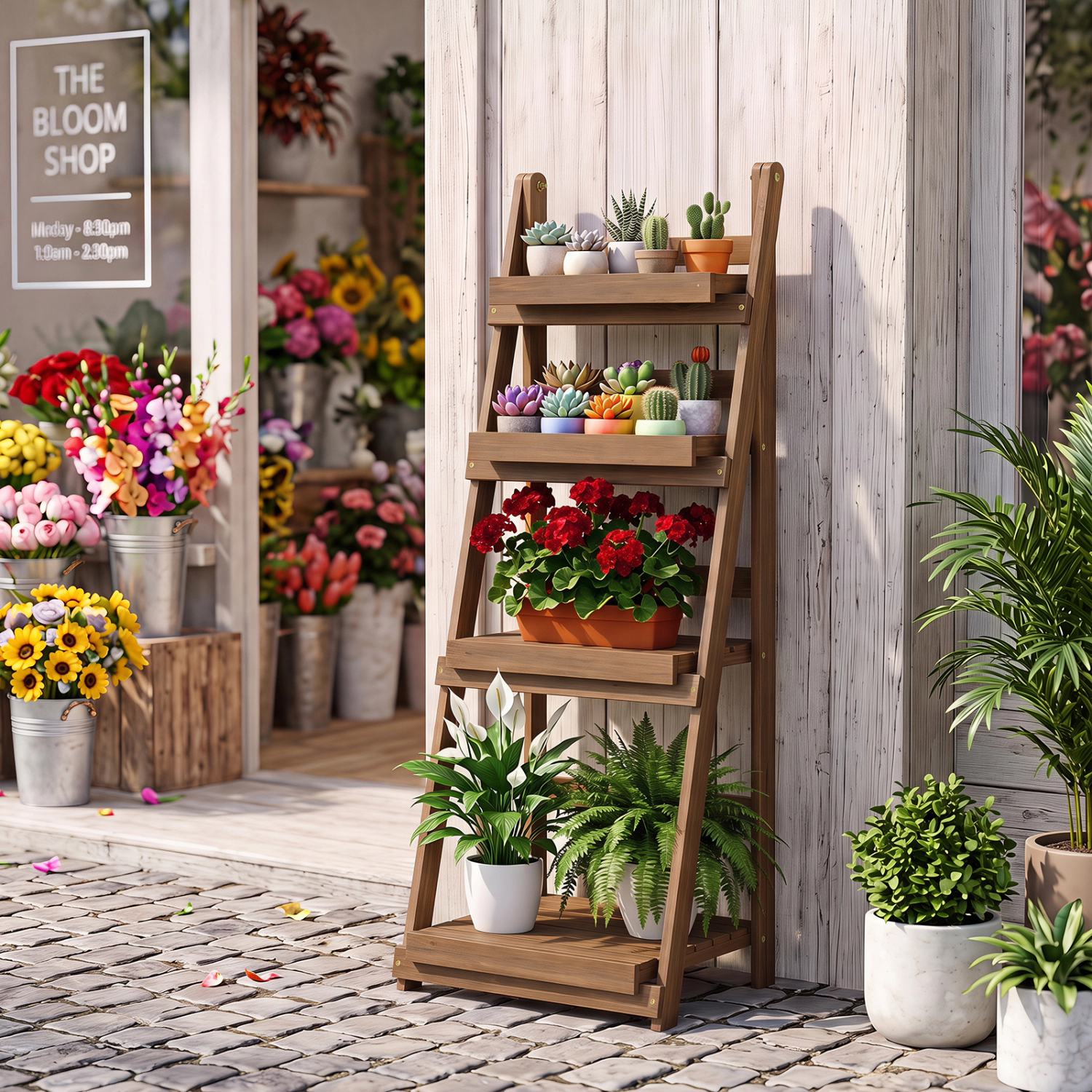 LJG 4-Tier Foldable Plant Stand with Slatted Shelves for Garden