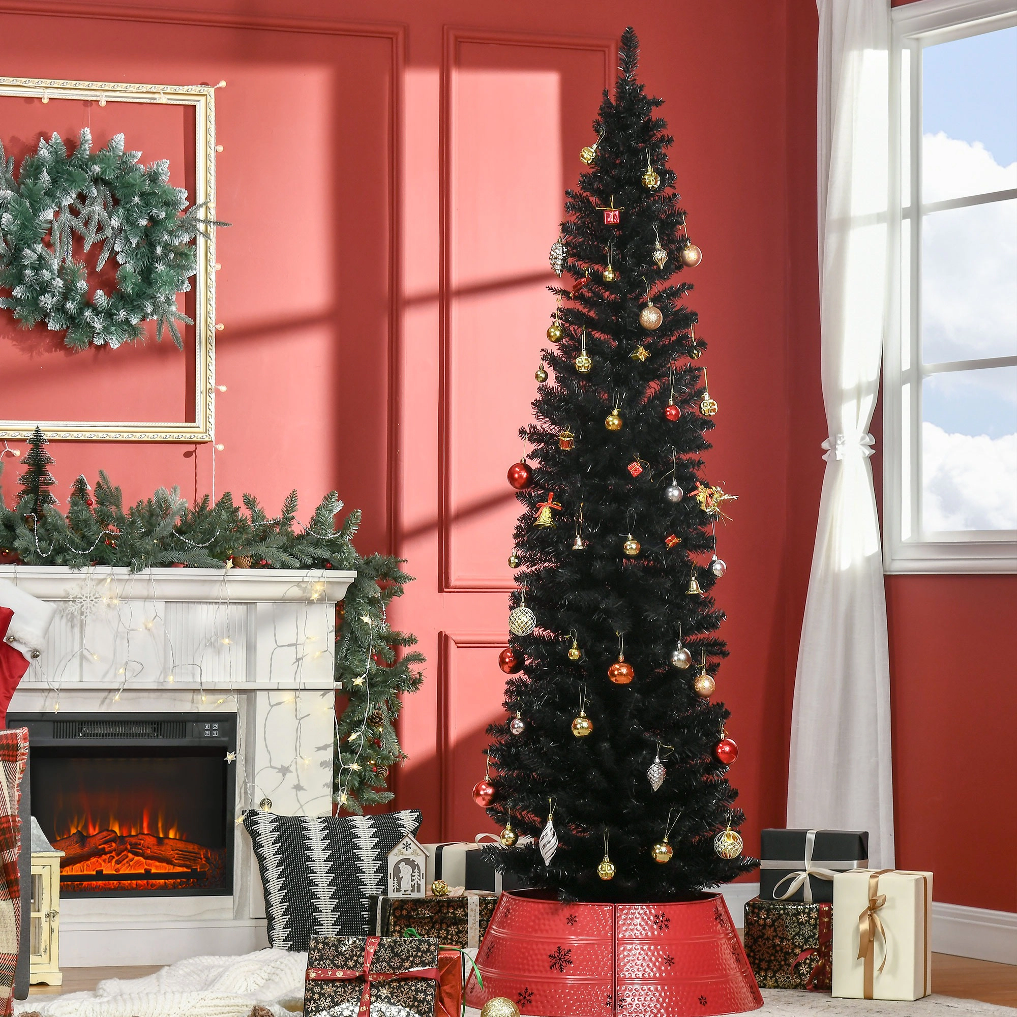 HONGGE 7ft Unlit Pencil Artificial Christmas Tree with Realistic Branches and 499 Tips Plastic Base