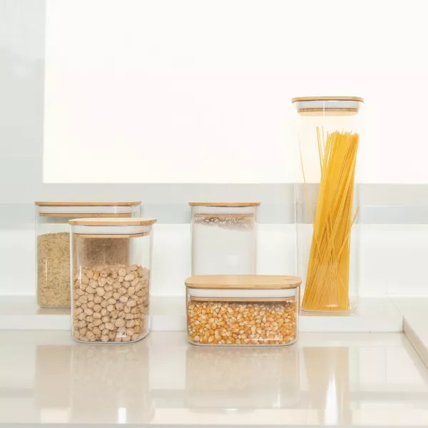 OU Airtight Food Storage Container Set 8pc, Clear Plastic Container w/ Leak Proof Bamboo Lid, Stackable Pantry Organizer