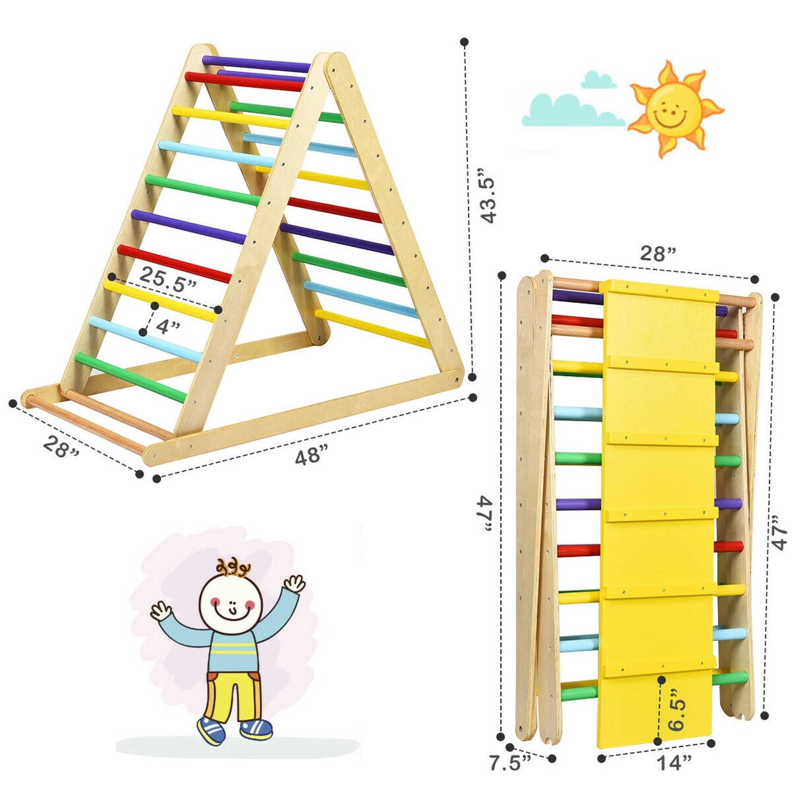 SUGIFT Foldable Wooden Climbing Triangle Ladder with Ramp 132-lb Capacity Ages 6 Months-6 Years Natural/Multicolor