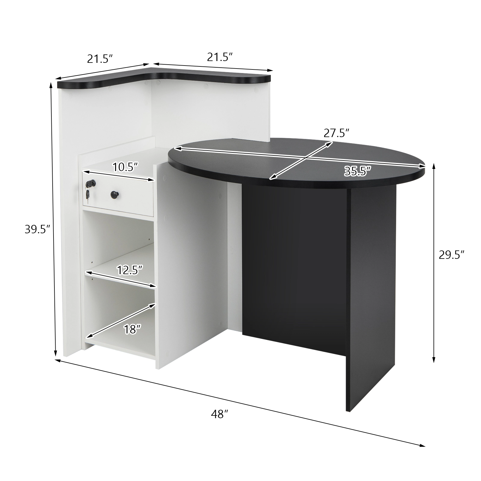 SUGIFT 48-Inch Modern Reception Desk, Black and White Front Counter with Lockable Drawer and Adjustable Shelves