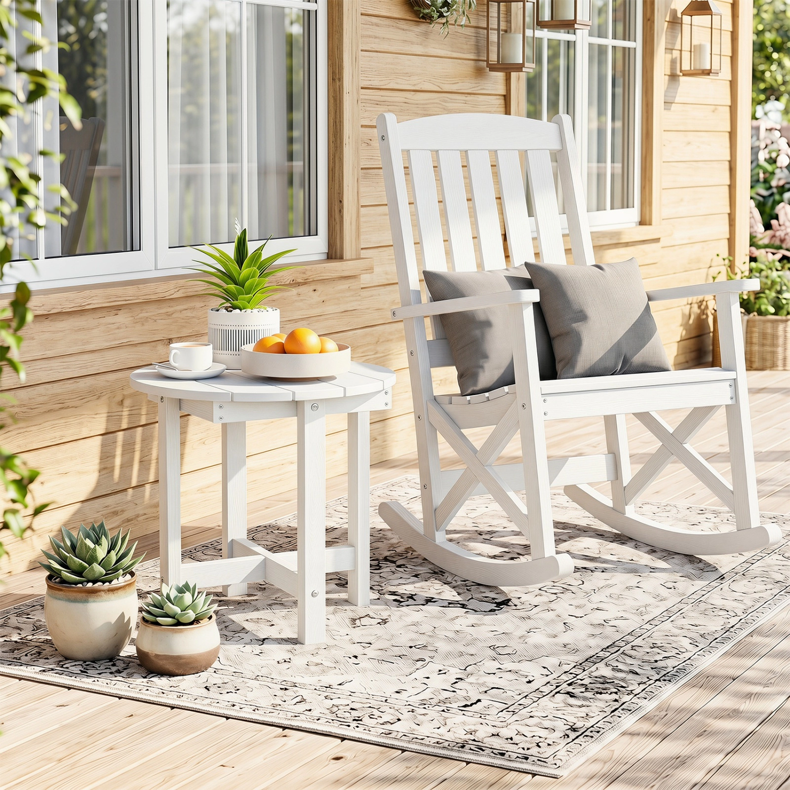 SUGIFT White 18-in Square HIPS Outdoor Side Table, Slatted Top, X-Base