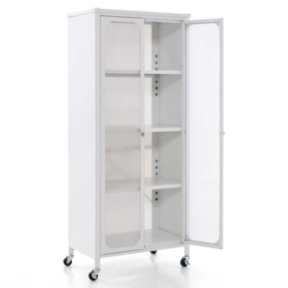 Hivvago Glass Doors Storage Cabinet With Wheels And Adjustable Shelves-White