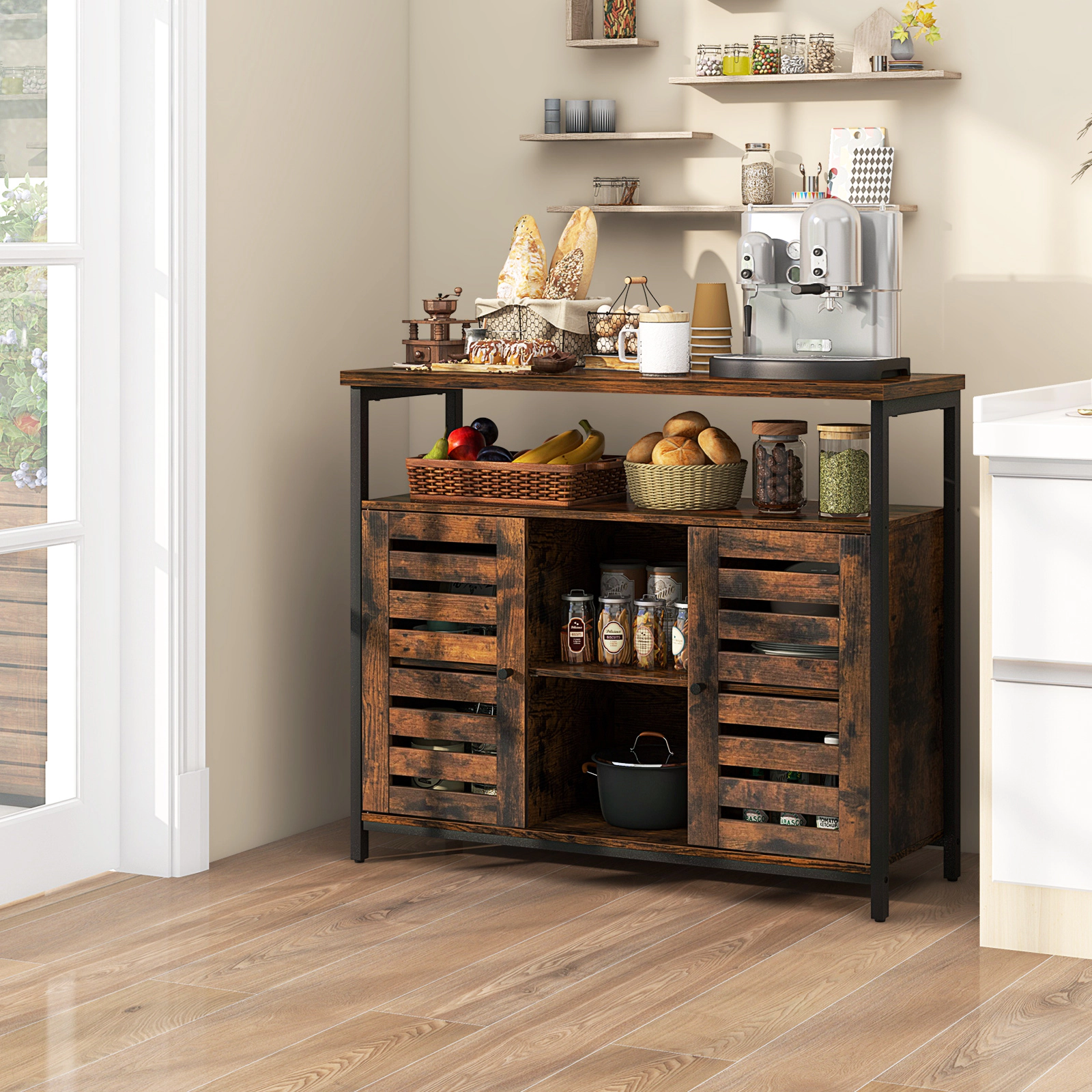 SUGIFT 39.5-in 760-lb Total 200-lb Top Rustic Brown Industrial Buffet Sideboard with Push-to-Open Louvered Door