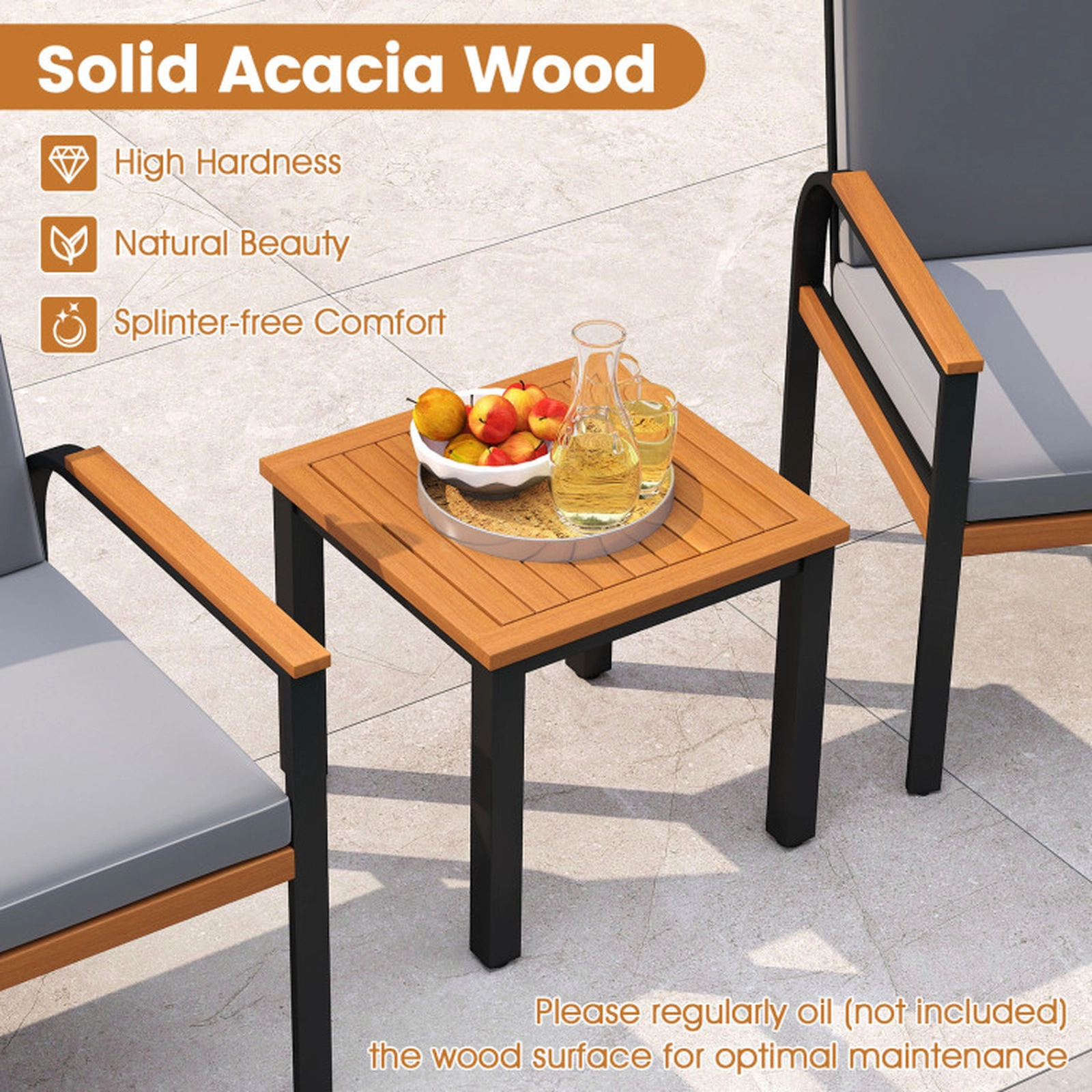 SUGIFT 3-Piece Acacia Wood Patio Conversation Set with 2 Cushioned Chairs and Slatted Side Table