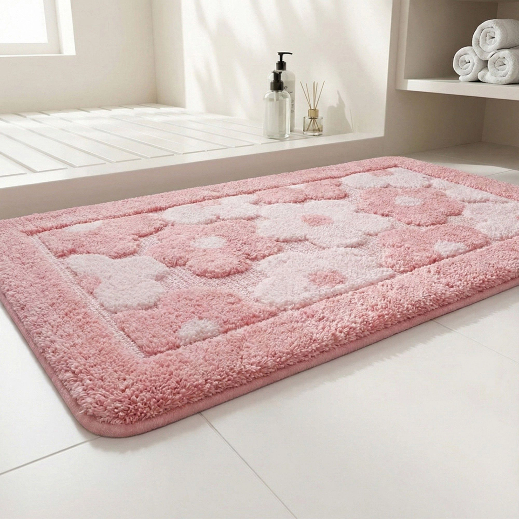 Alilang Unisex Plush Absorbent Bathroom Floor Mat with Floral Pattern Soft Textured Bath Rug for Tub Shower and Sink Are