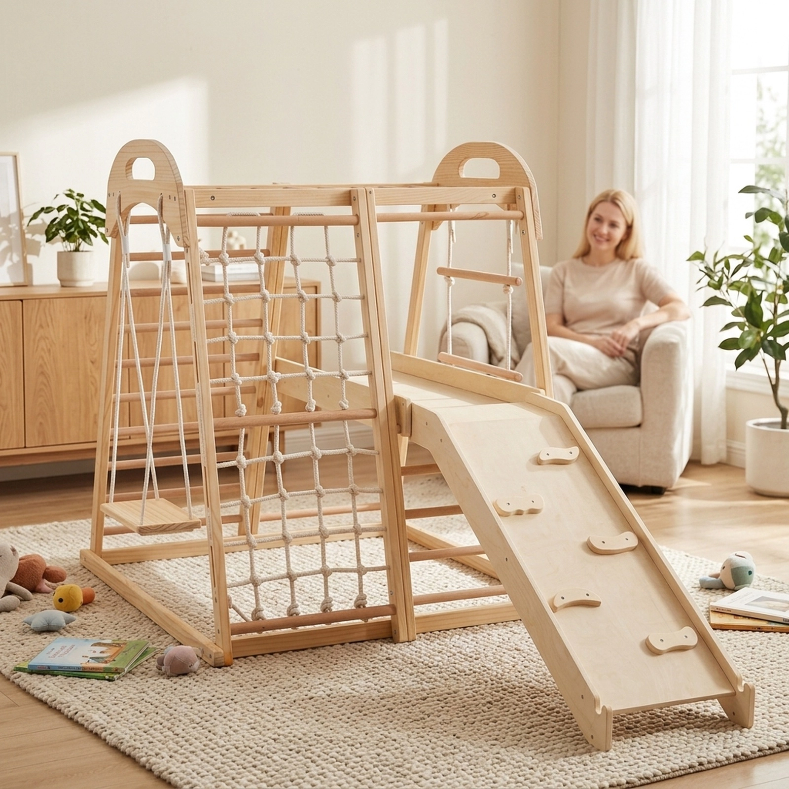 8-in-1 Wooden Montessori Climber Playset Slide Monkey Bars Swing Rope Net Two Ladders 110-lb Capacity Ages 3-5 Natural