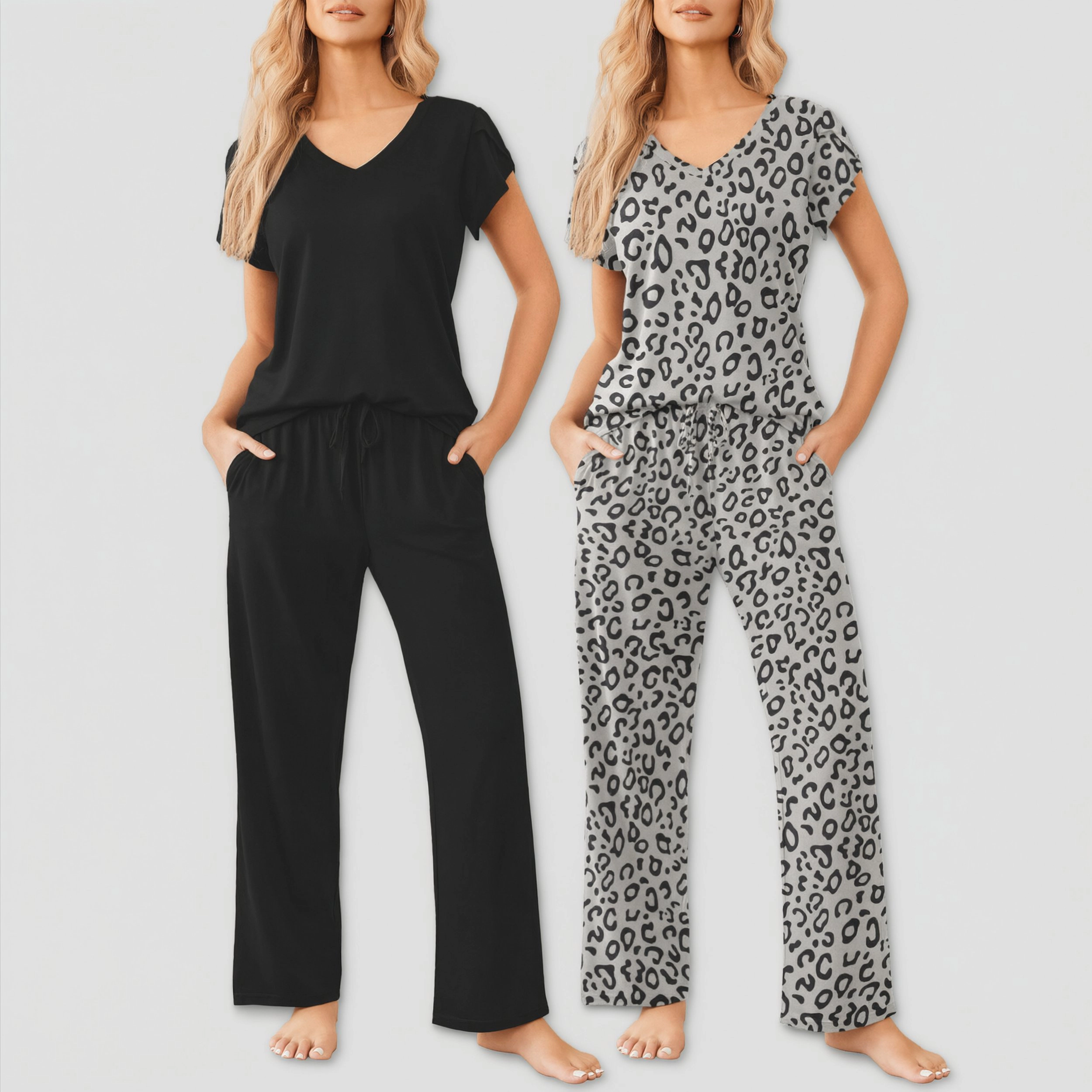 Ekouaer Women's V Neck Short Sleeve Pajamas Set with Pockets