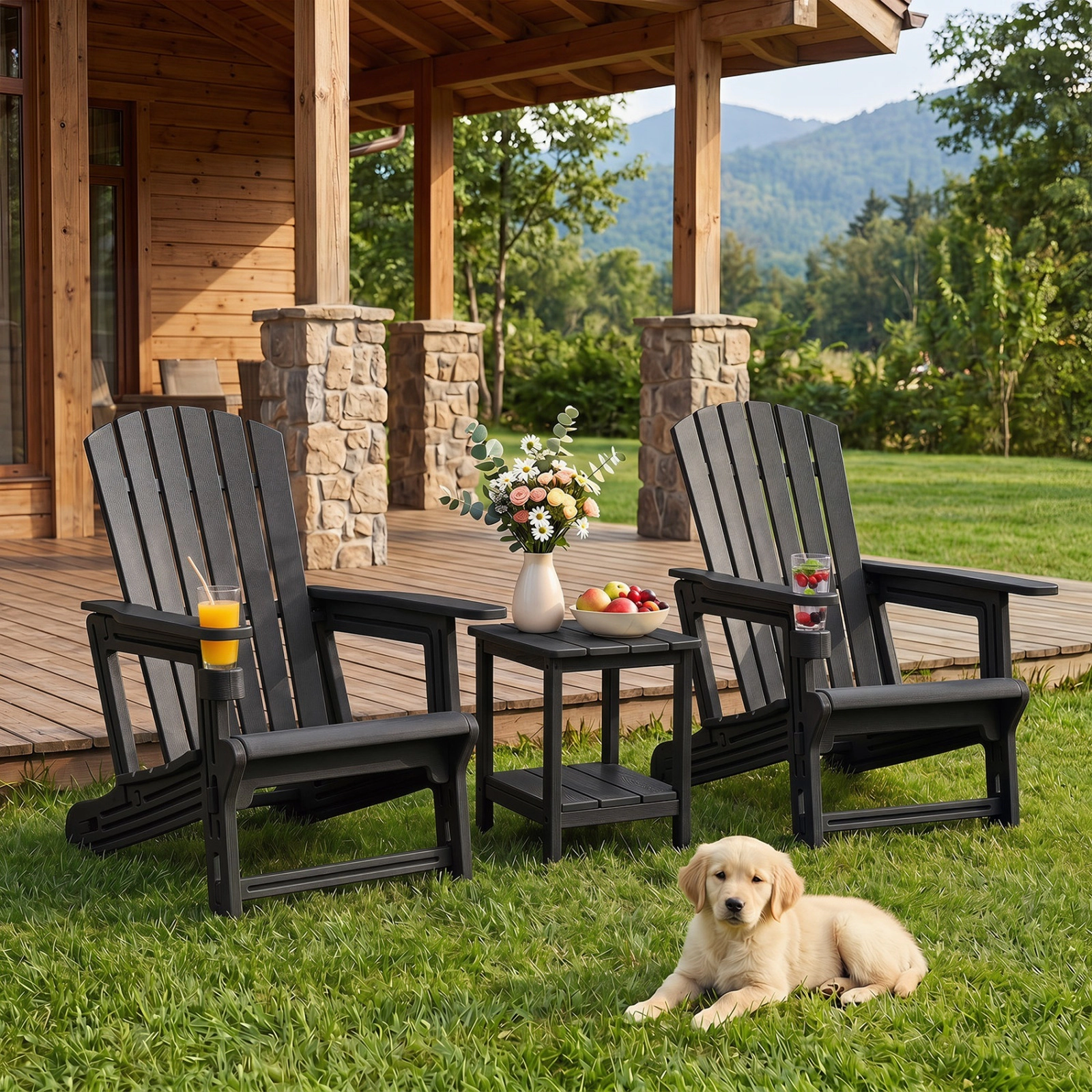 SUGIFT Black HDPE Adirondack Chair with Cup Holder, Tool-Free Assembly